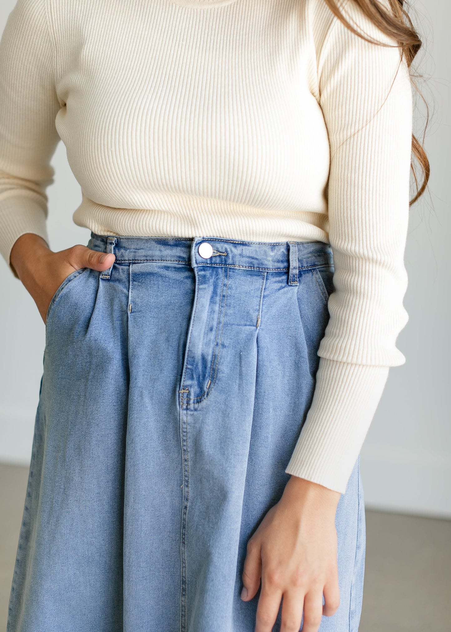Denim A-line Raw Hem Maxi Skirt FF Skirts