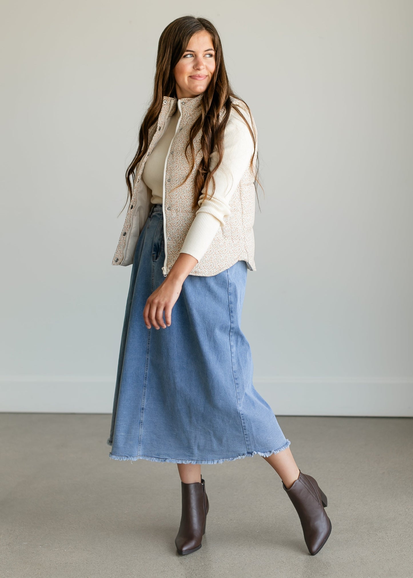 Denim A-line Raw Hem Maxi Skirt FF Skirts