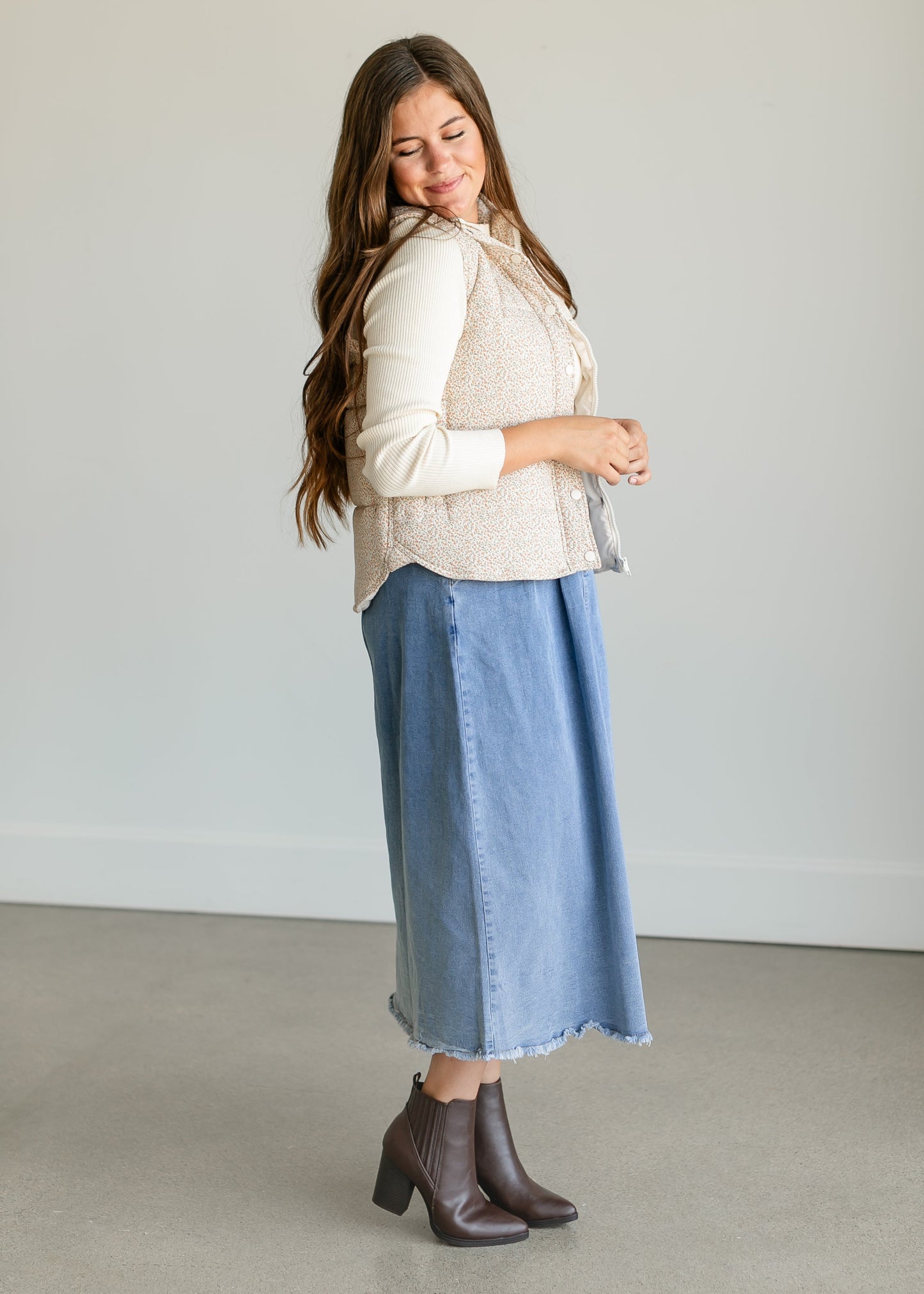Denim A-line Raw Hem Maxi Skirt FF Skirts