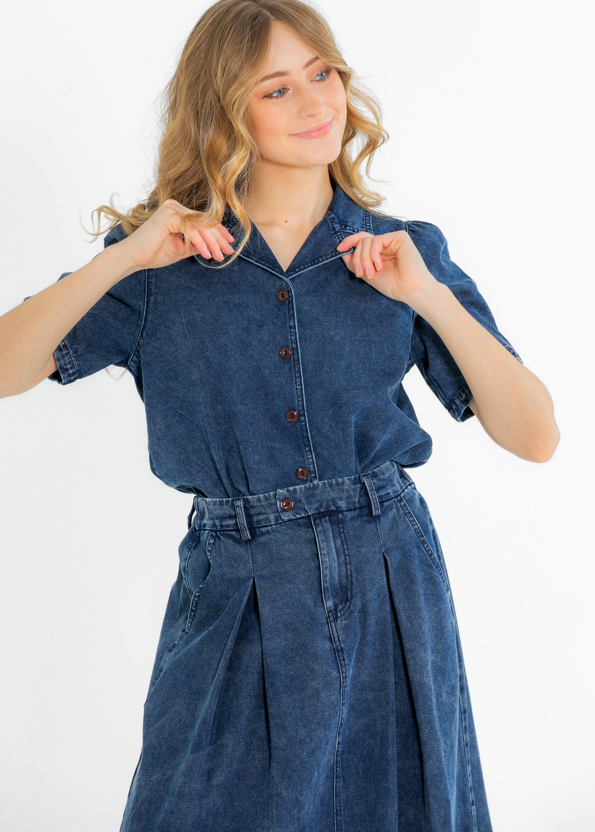 Denim Blue Button Up Top FF Tops