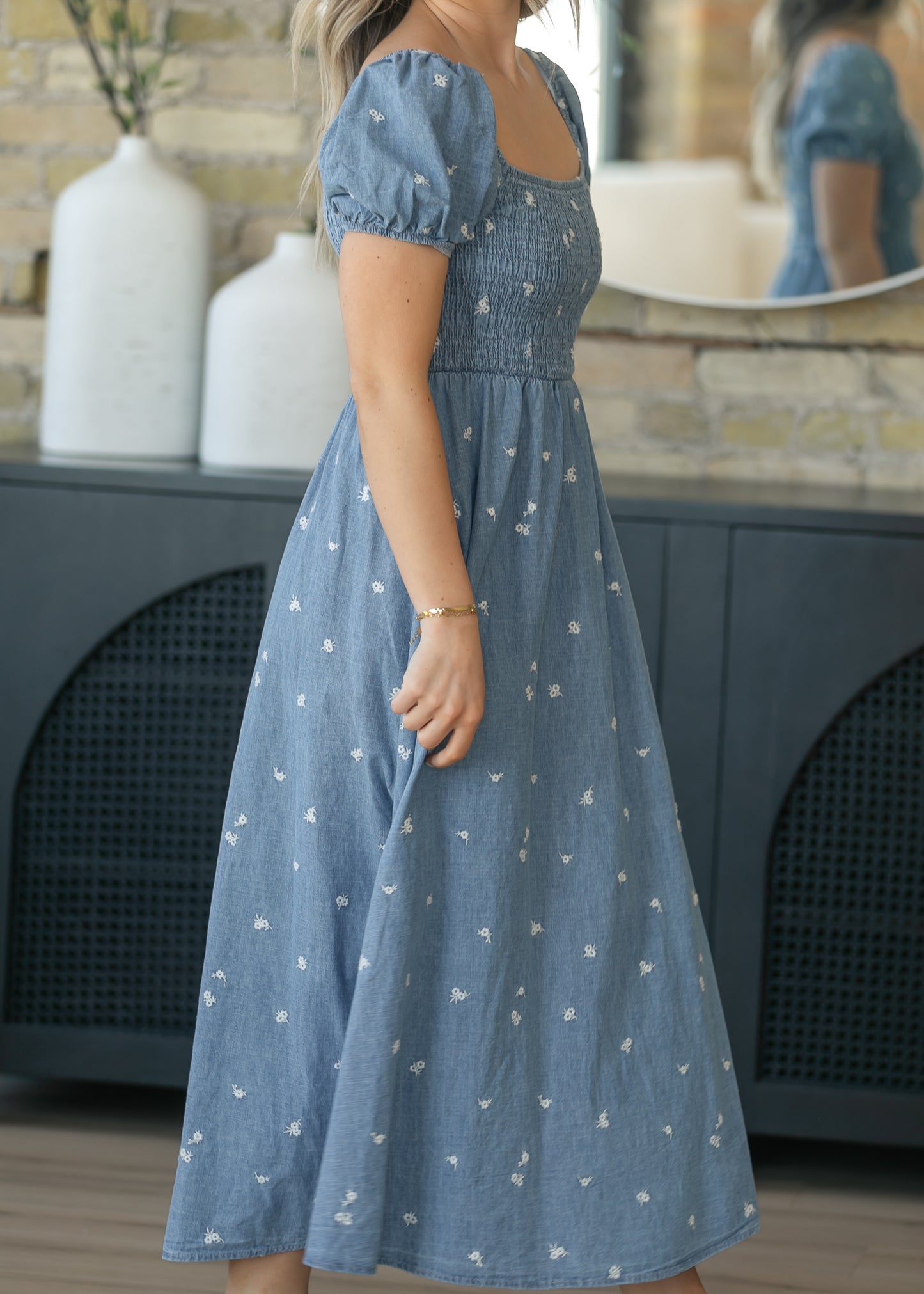 Denim Embroidered Smocked Maxi Dress FF Dresses