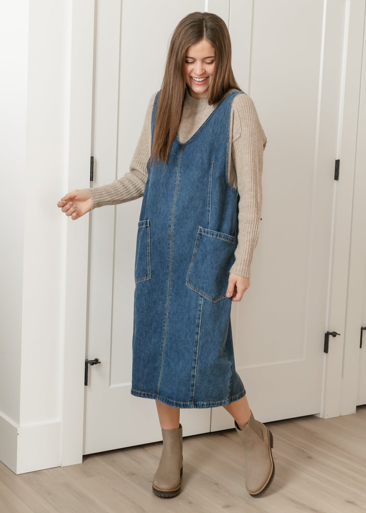 Denim V-neck Overall Midi Dress FF Dresses
