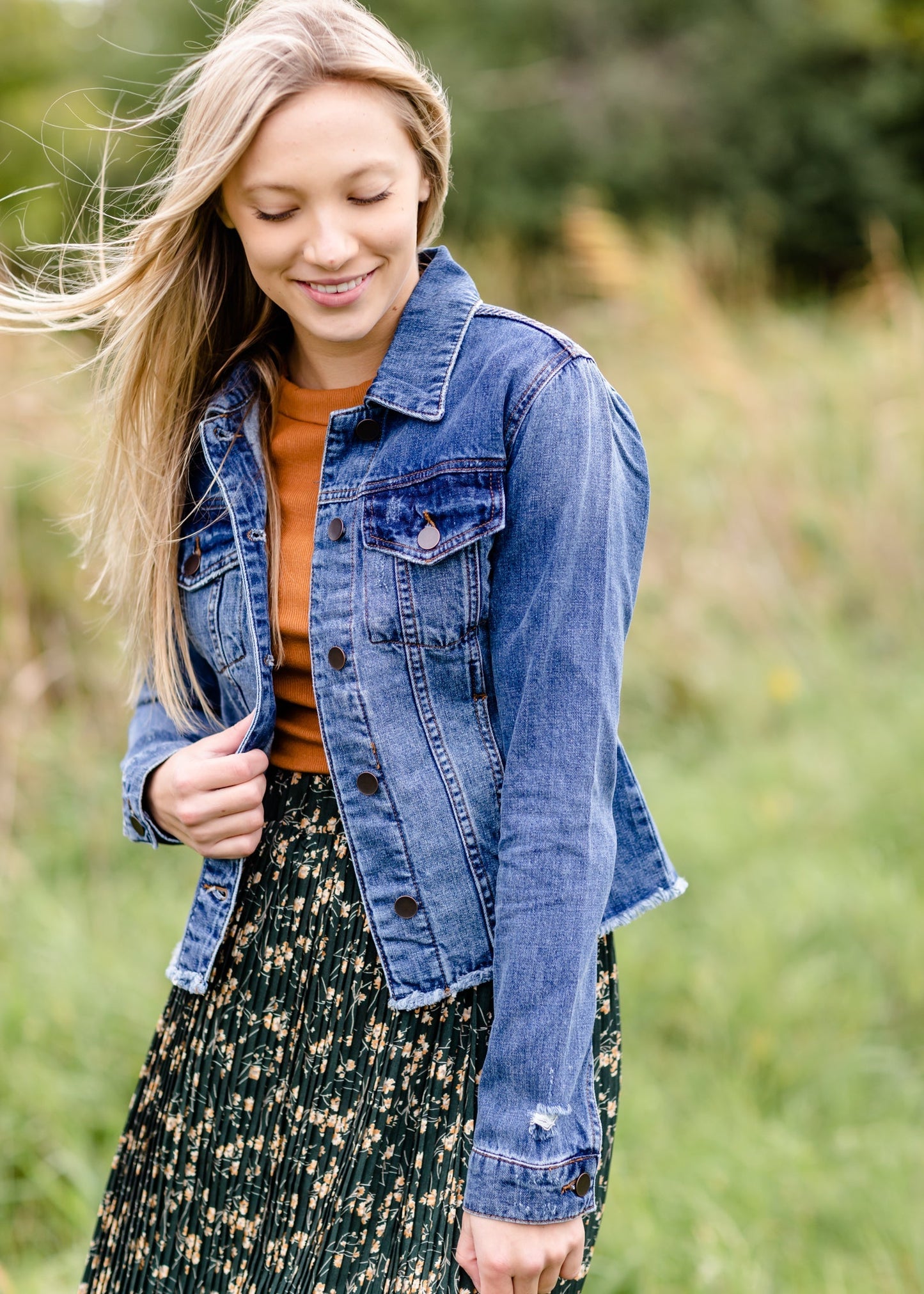 Distressed Raw Hem Medium Wash Denim Jacket - FINAL SALE FF Tops