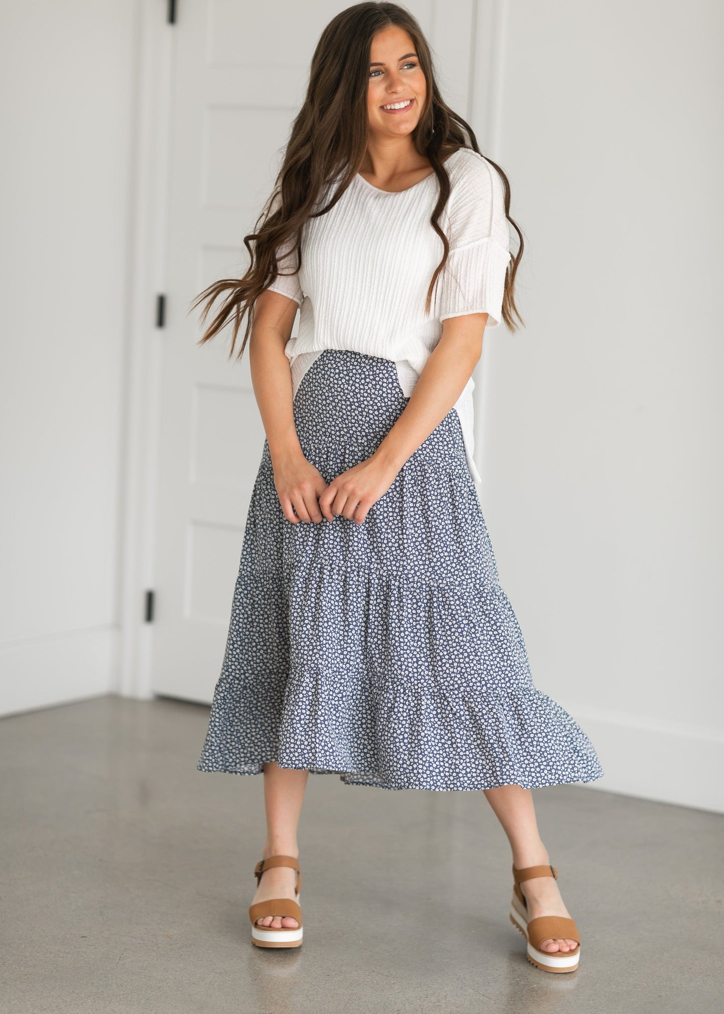 Ditsy Floral Side-Zip Tiered Midi Skirt Skirts