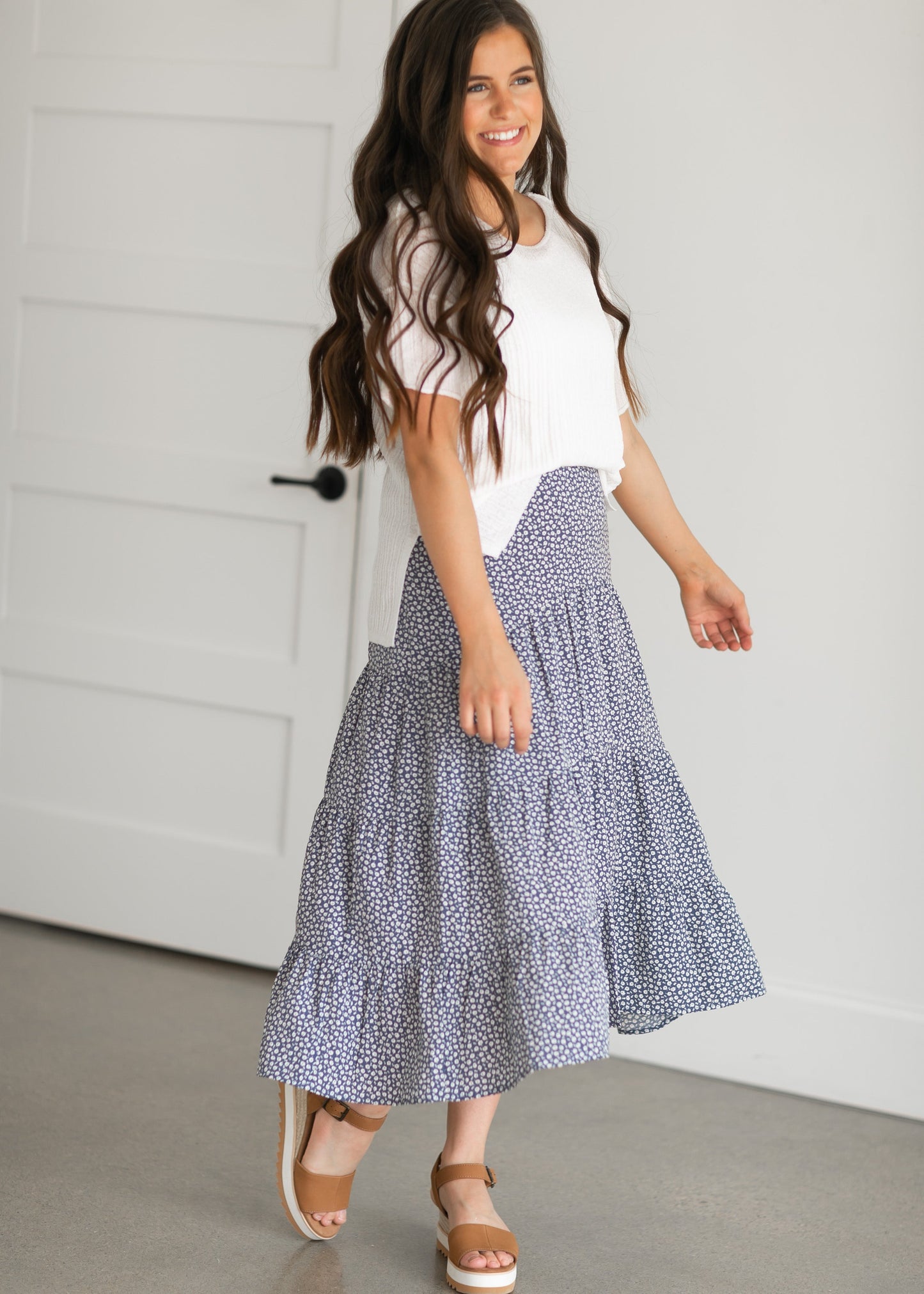 Ditsy Floral Side-Zip Tiered Midi Skirt Skirts