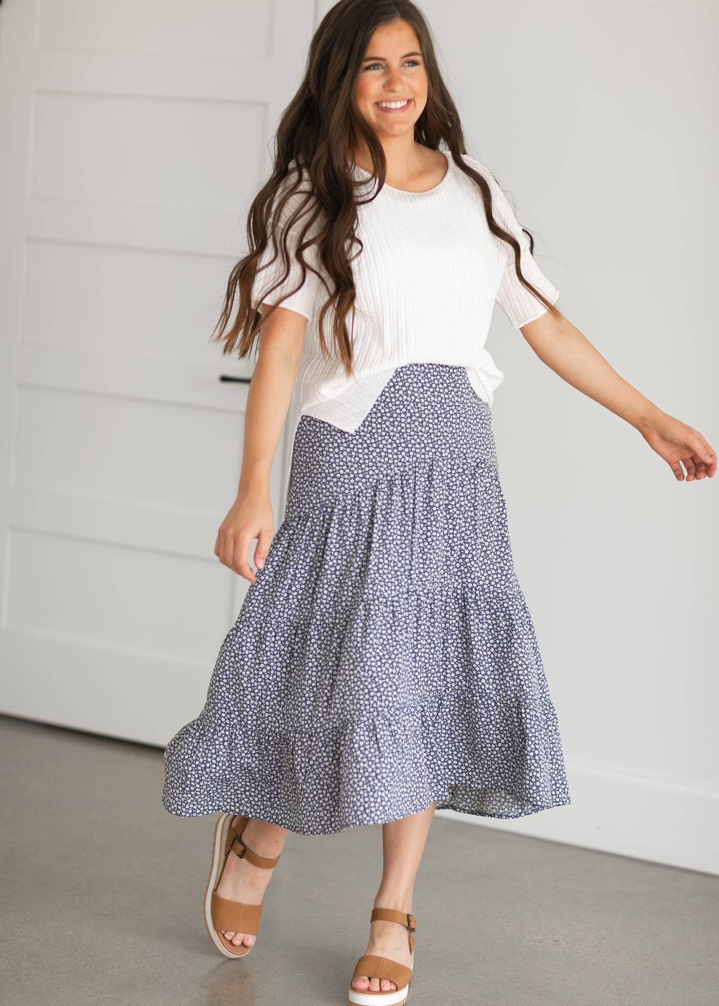 Ditsy Floral Side-Zip Tiered Midi Skirt Skirts Blue / S