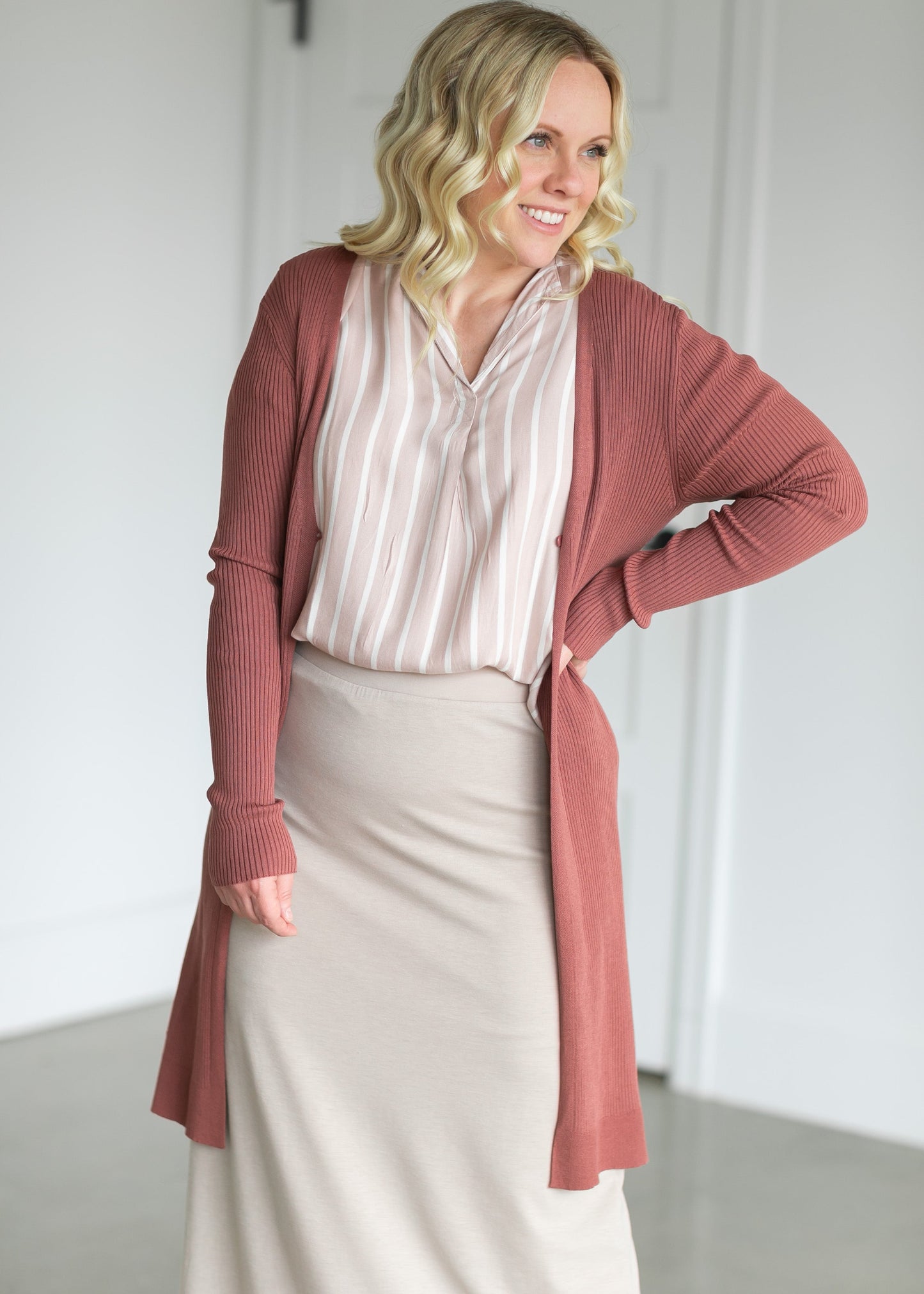 Duster Single Button Ribbed Cardigan Tops