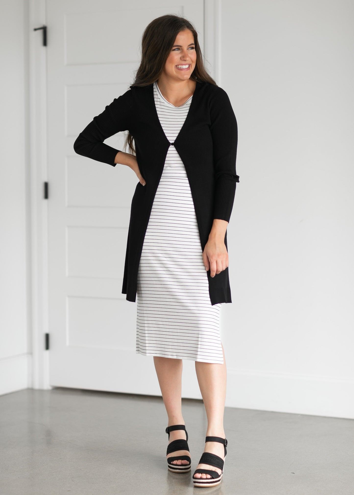 Duster Single Button Ribbed Cardigan Tops Black / S