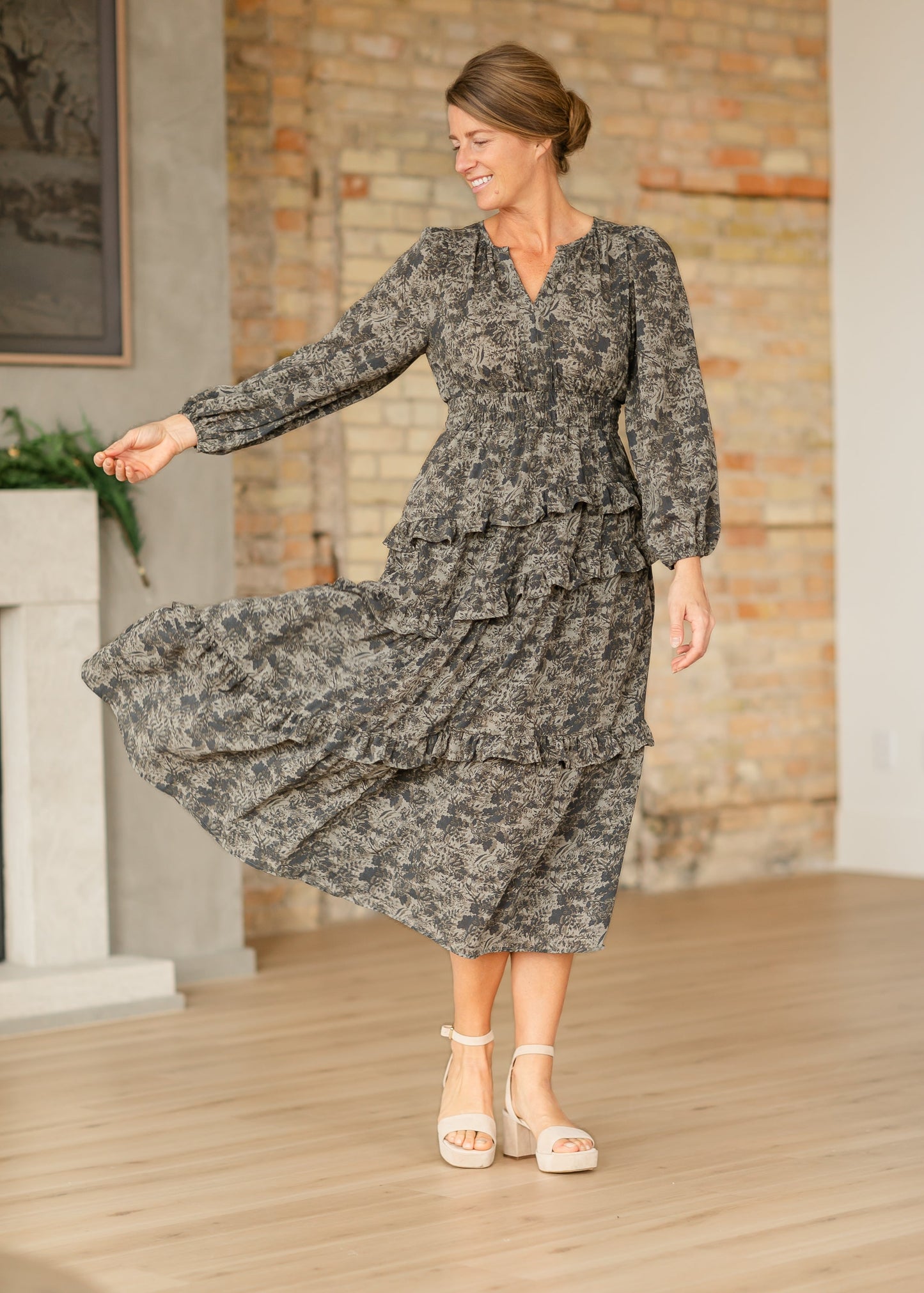 Dusty Olive Vintage Floral Maxi Dress FF Dresses