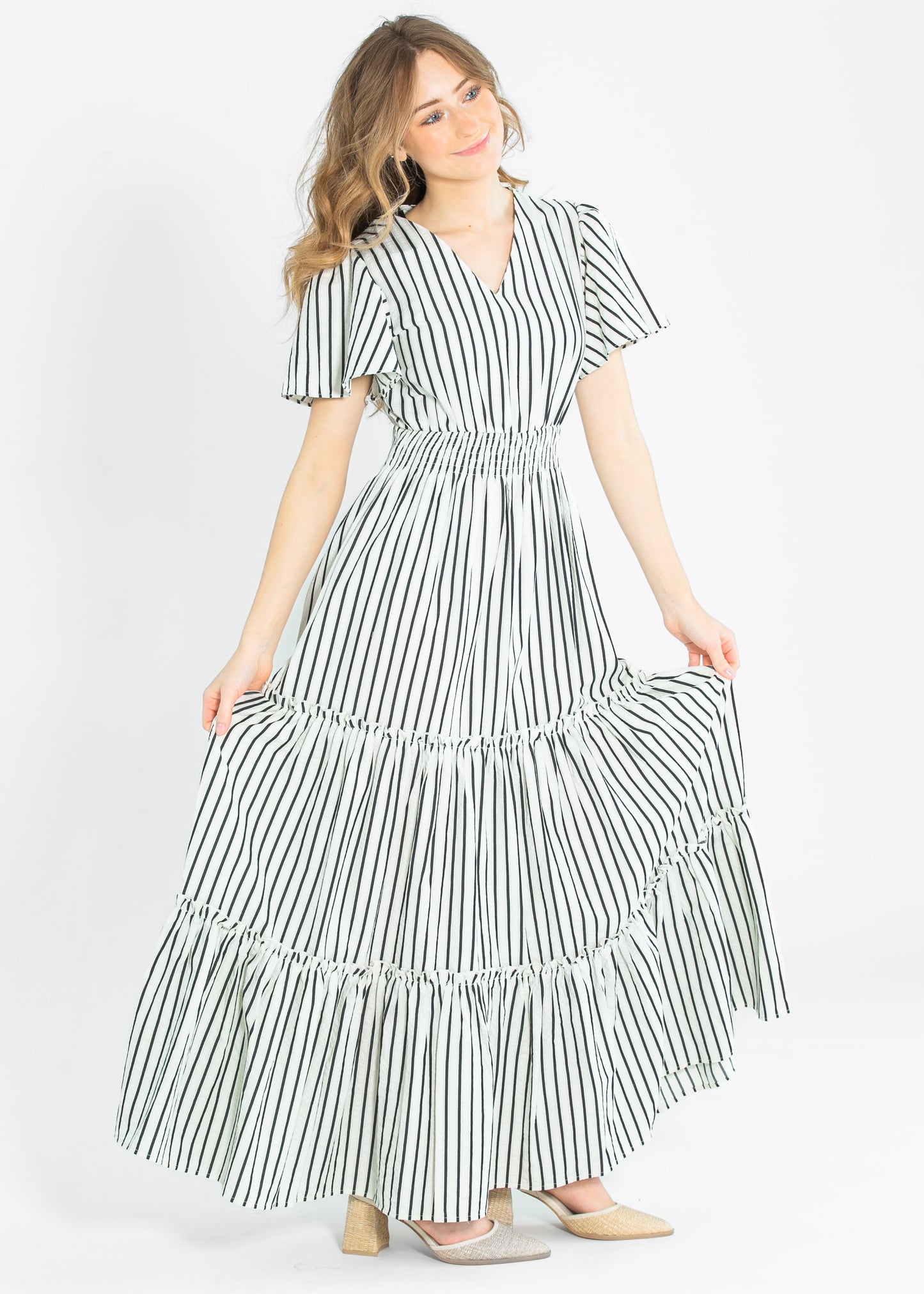 Eden Black Stripe Smocked Waist Maxi Dress FF Dresses