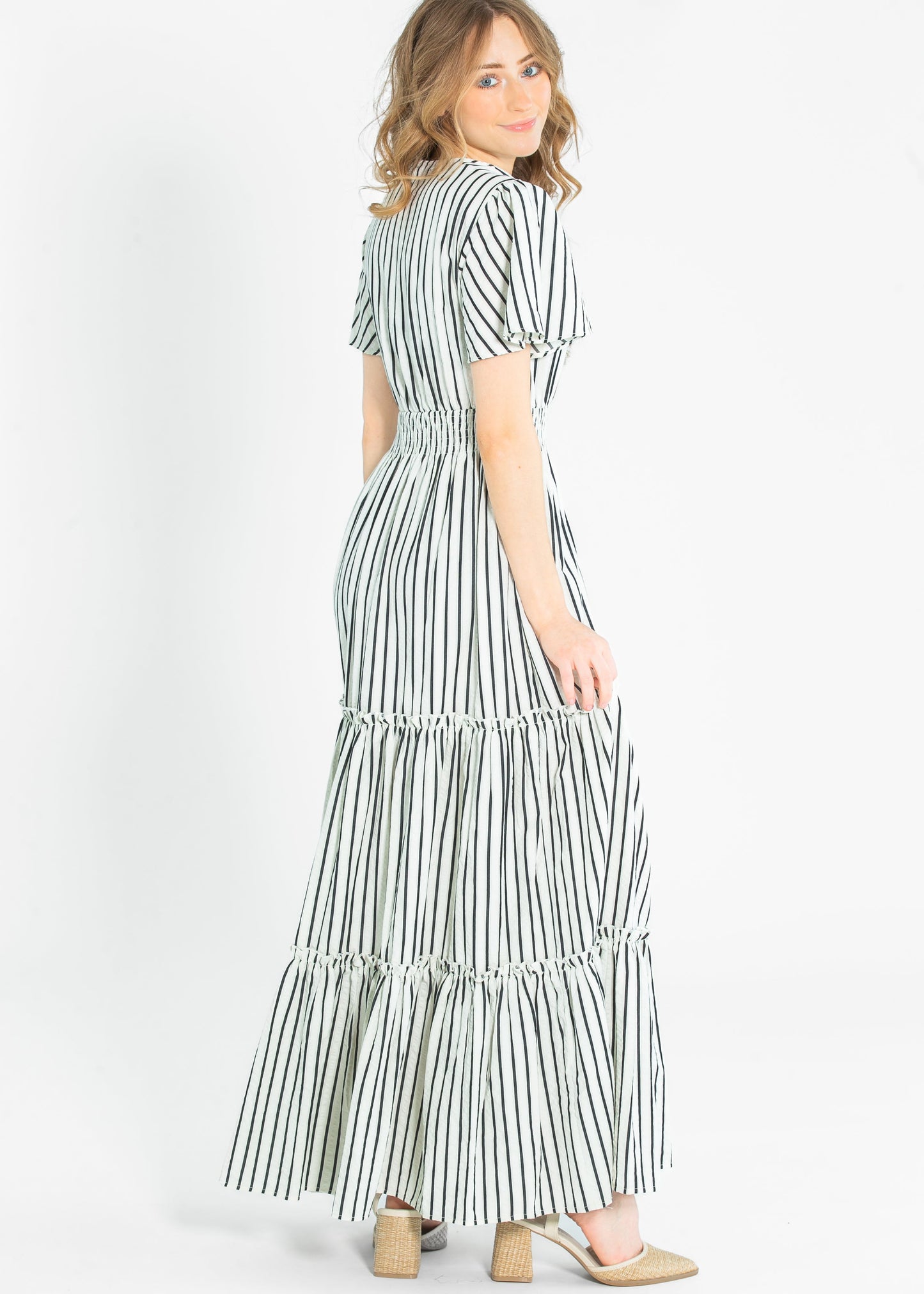 Eden Black Stripe Smocked Waist Maxi Dress FF Dresses