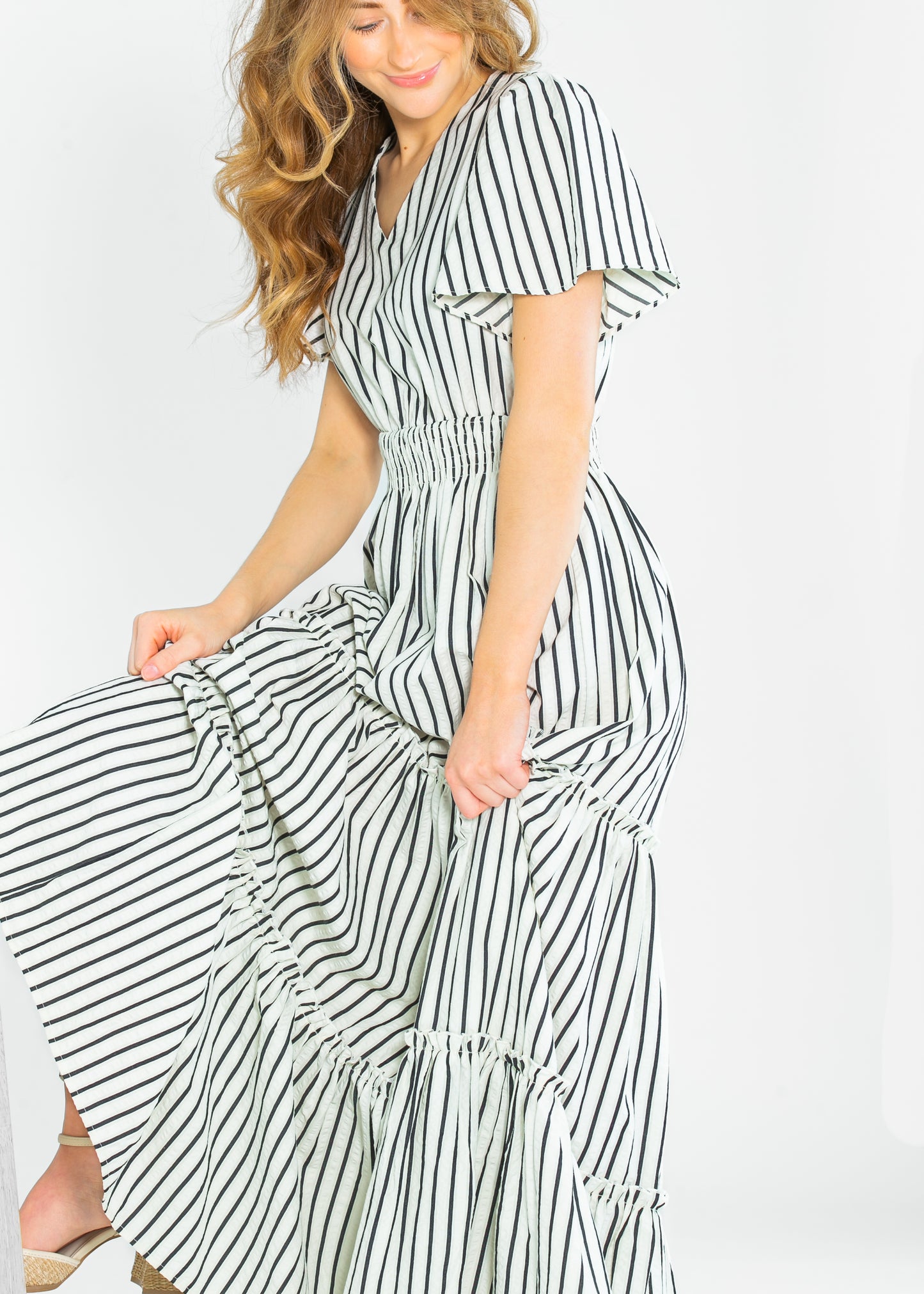 Eden Black Stripe Smocked Waist Maxi Dress FF Dresses