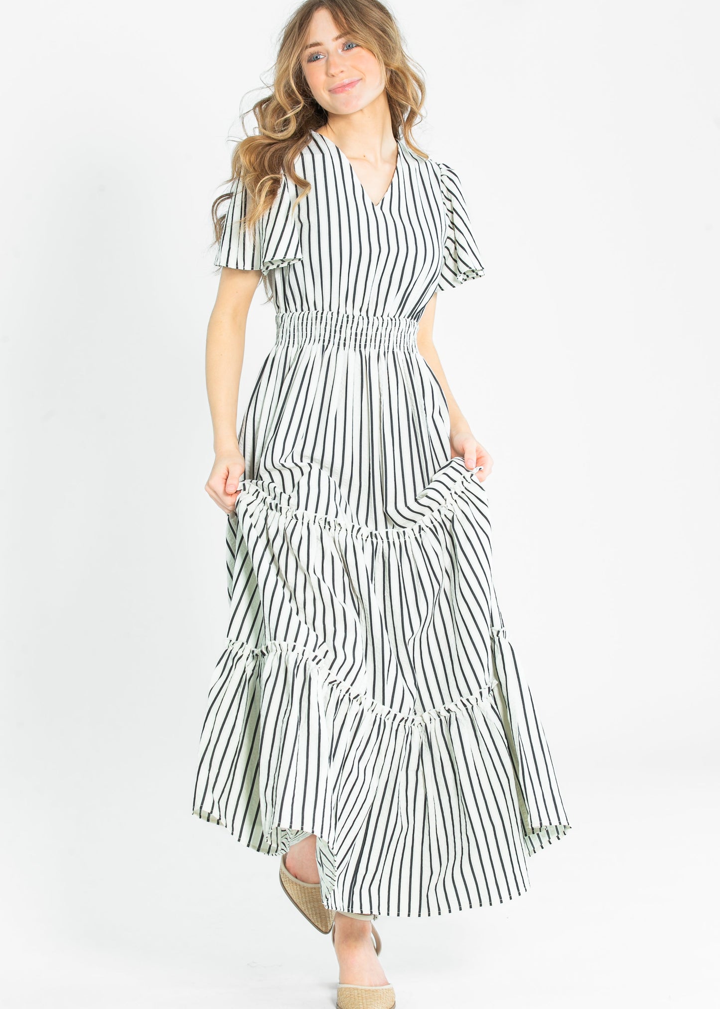 Eden Black Stripe Smocked Waist Maxi Dress FF Dresses XS