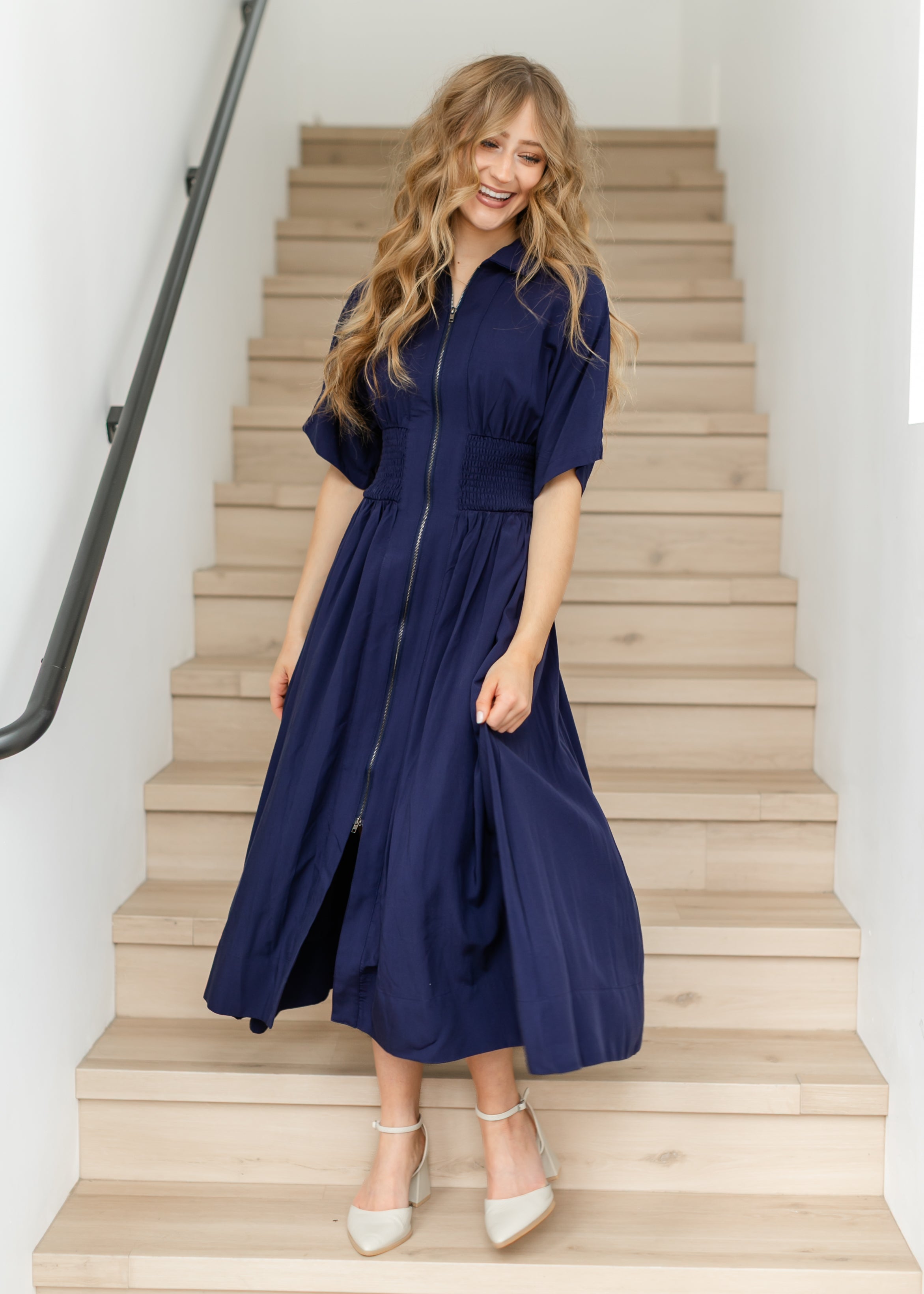 elan Smocked Waist Zip Front Midi Dress