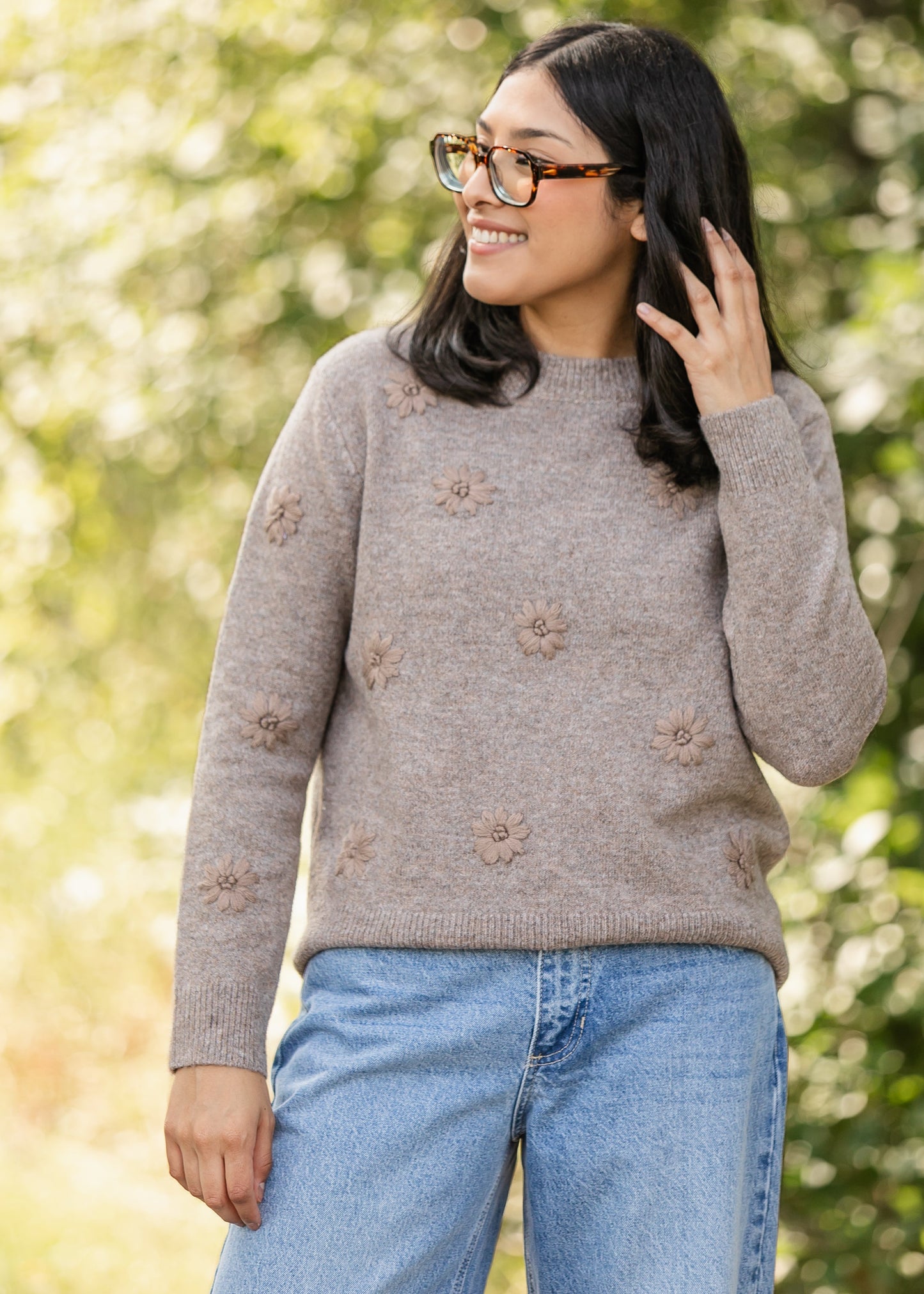 Embroidered Floral Crewneck Sweater FF Tops