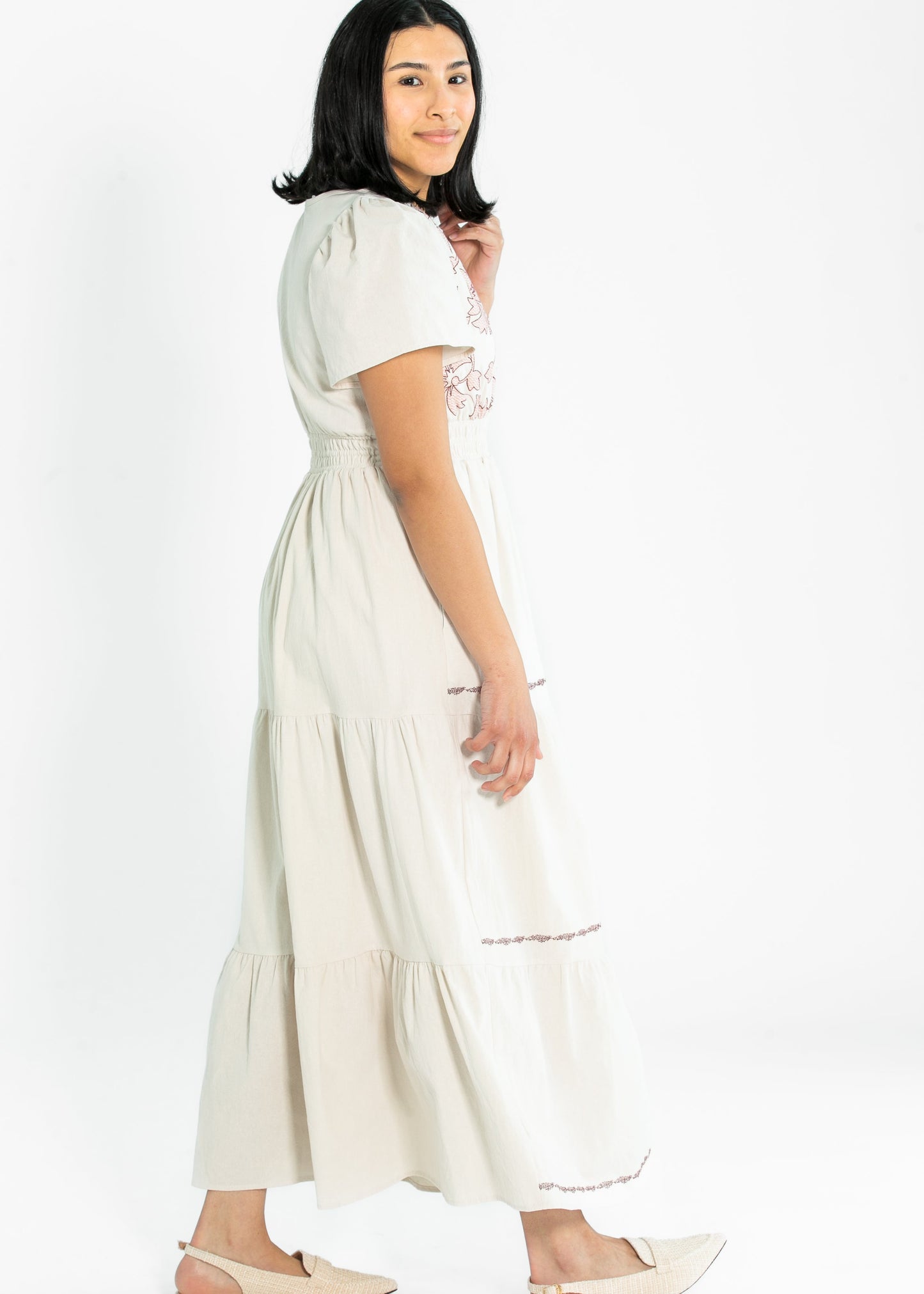 Embroidered Floral Print Maxi Tiered Dress FF Dresses