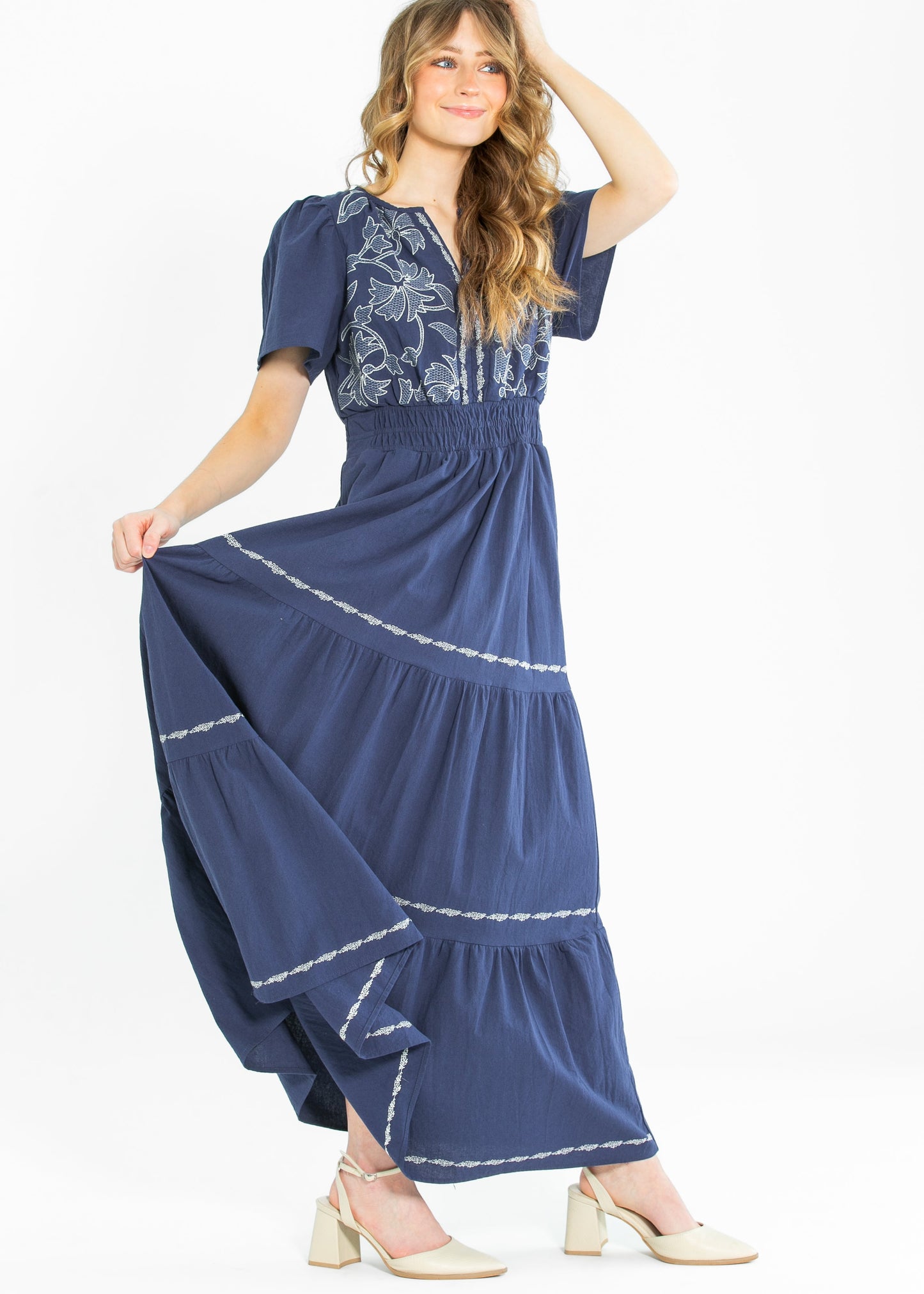Embroidered Floral Print Maxi Tiered Dress FF Dresses