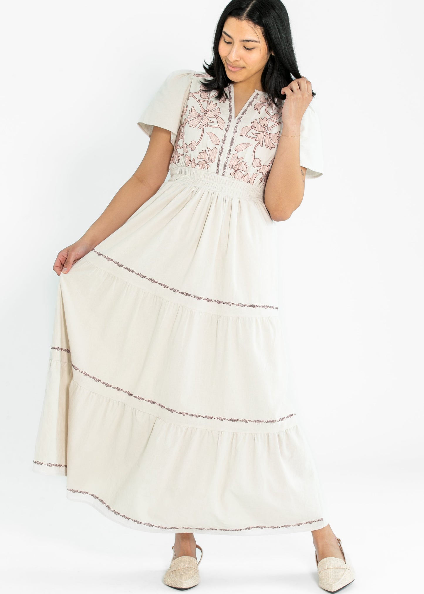 Embroidered Floral Print Maxi Tiered Dress FF Dresses