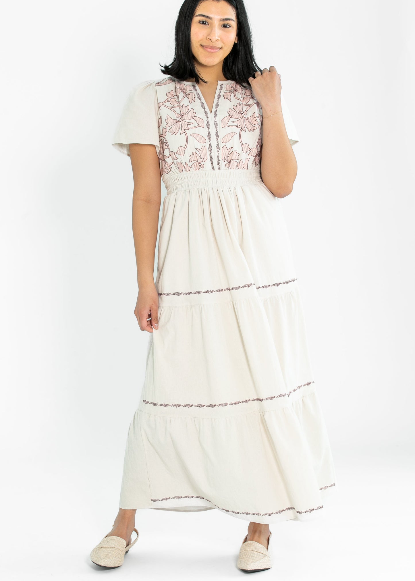 Embroidered Floral Print Maxi Tiered Dress FF Dresses Ivory / S