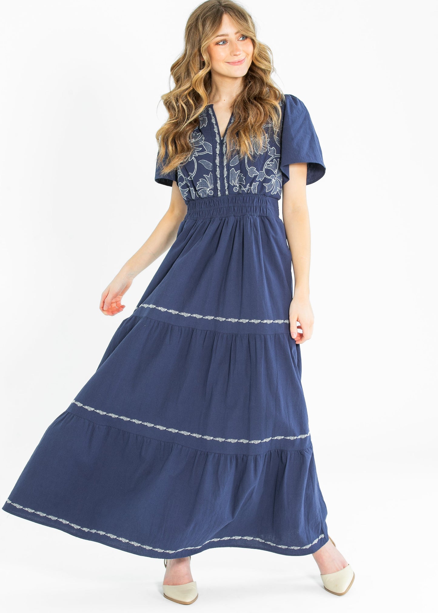 Embroidered Floral Print Maxi Tiered Dress FF Dresses Navy / S