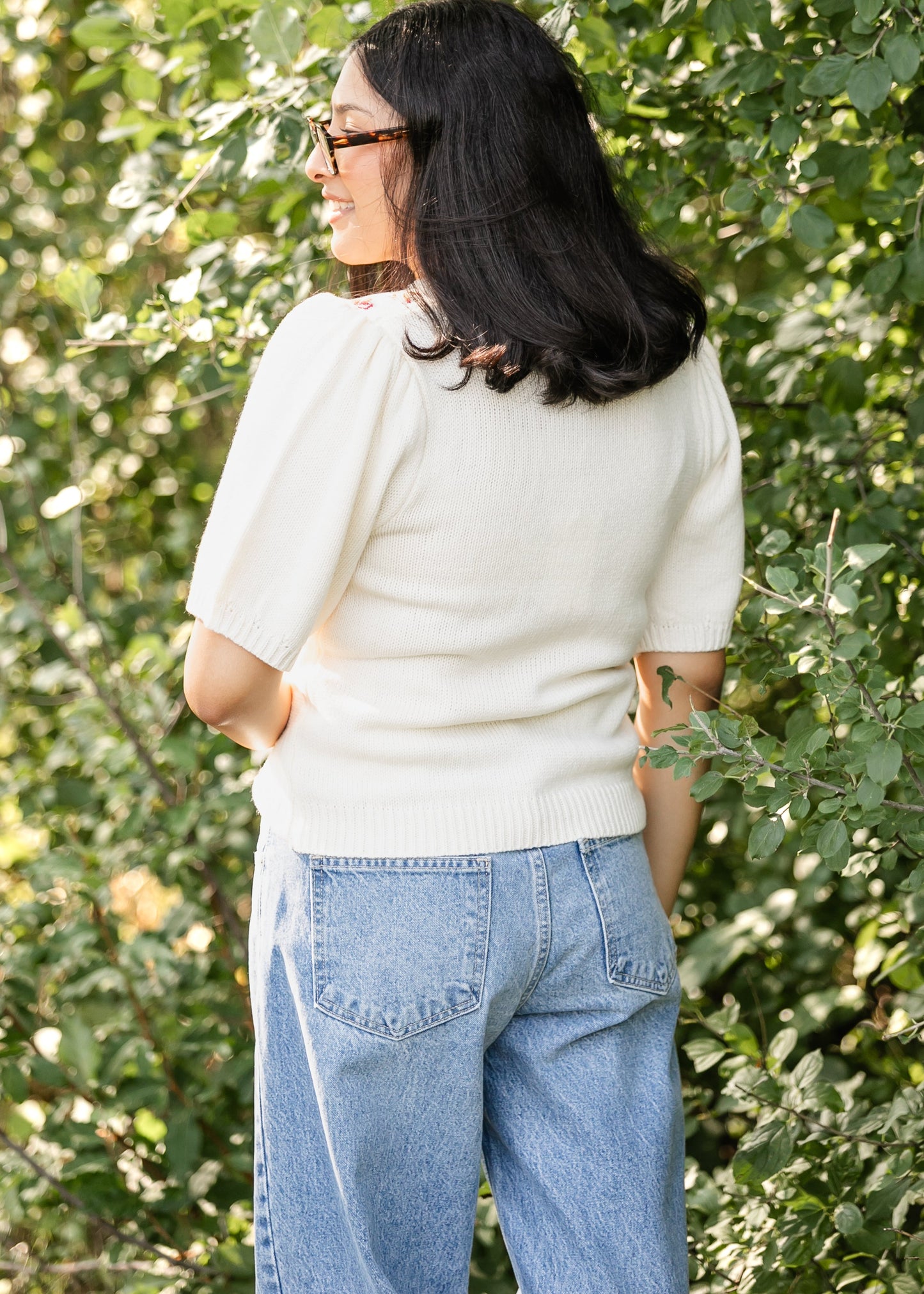 Embroidered Floral Short Sleeve Sweater FF Tops