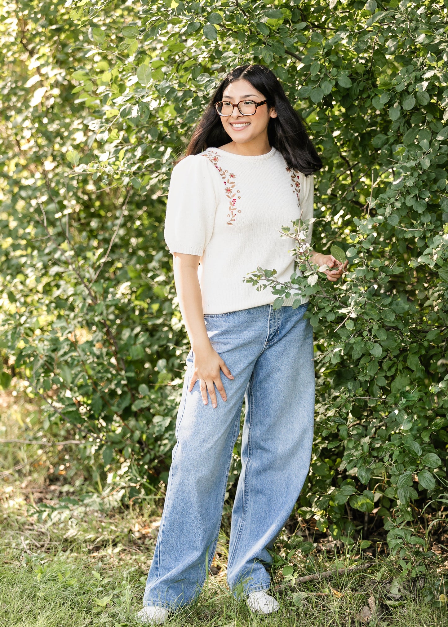 Embroidered Floral Short Sleeve Sweater FF Tops