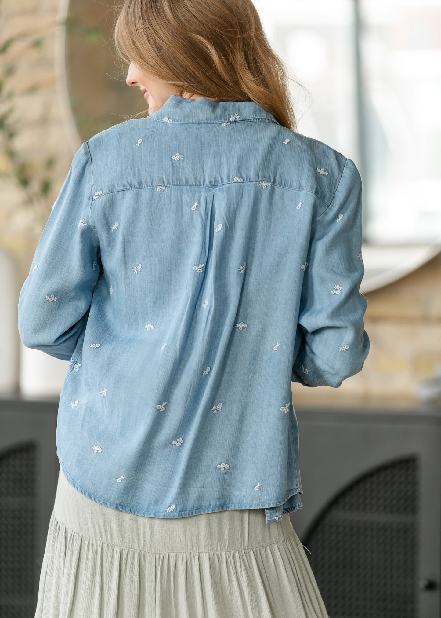 Embroidered Flower Button Front Shirt FF Tops