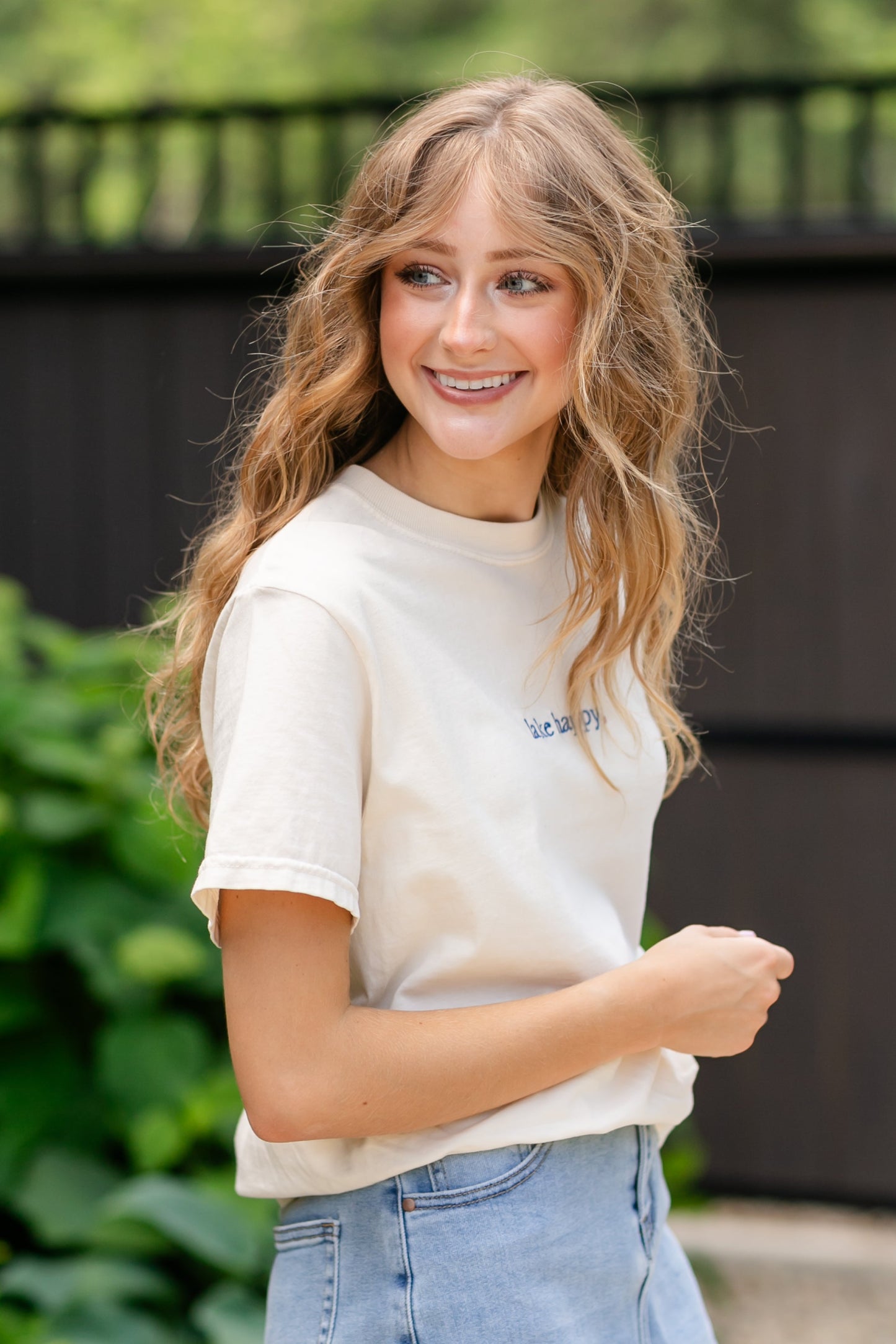Embroidered Lake Happy Tee FF Tops