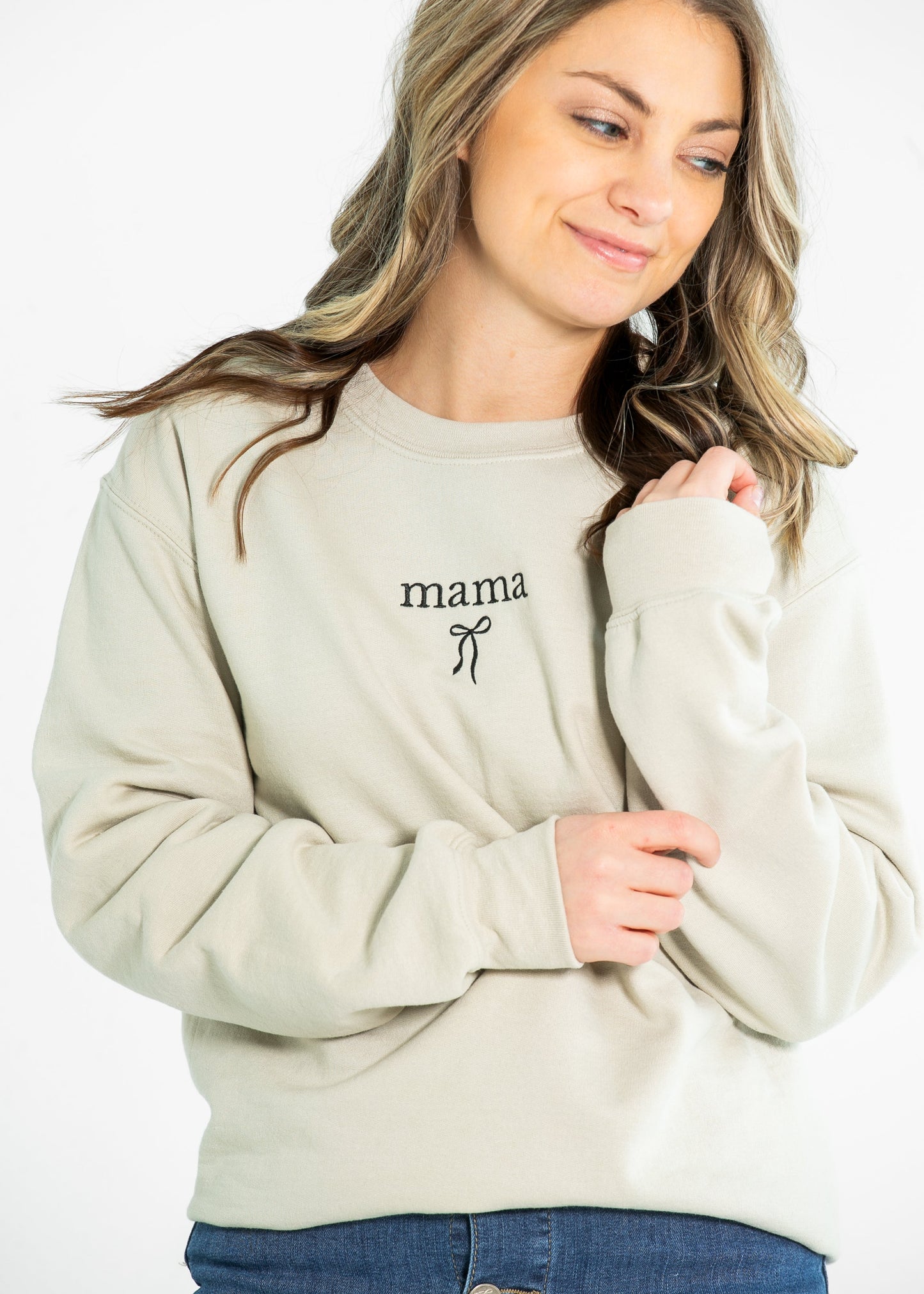 Embroidered Mama Crewneck Coquette Bow Sweatshirt FF Tops