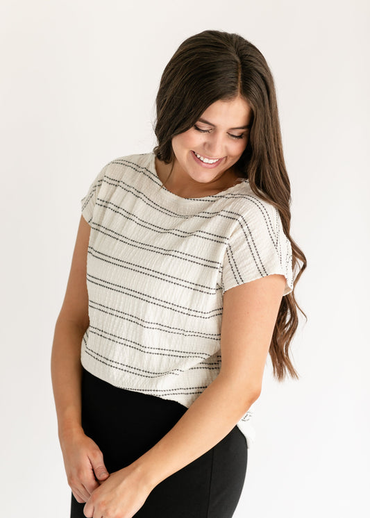 Embroidered Striped Boatneck Top FF Tops