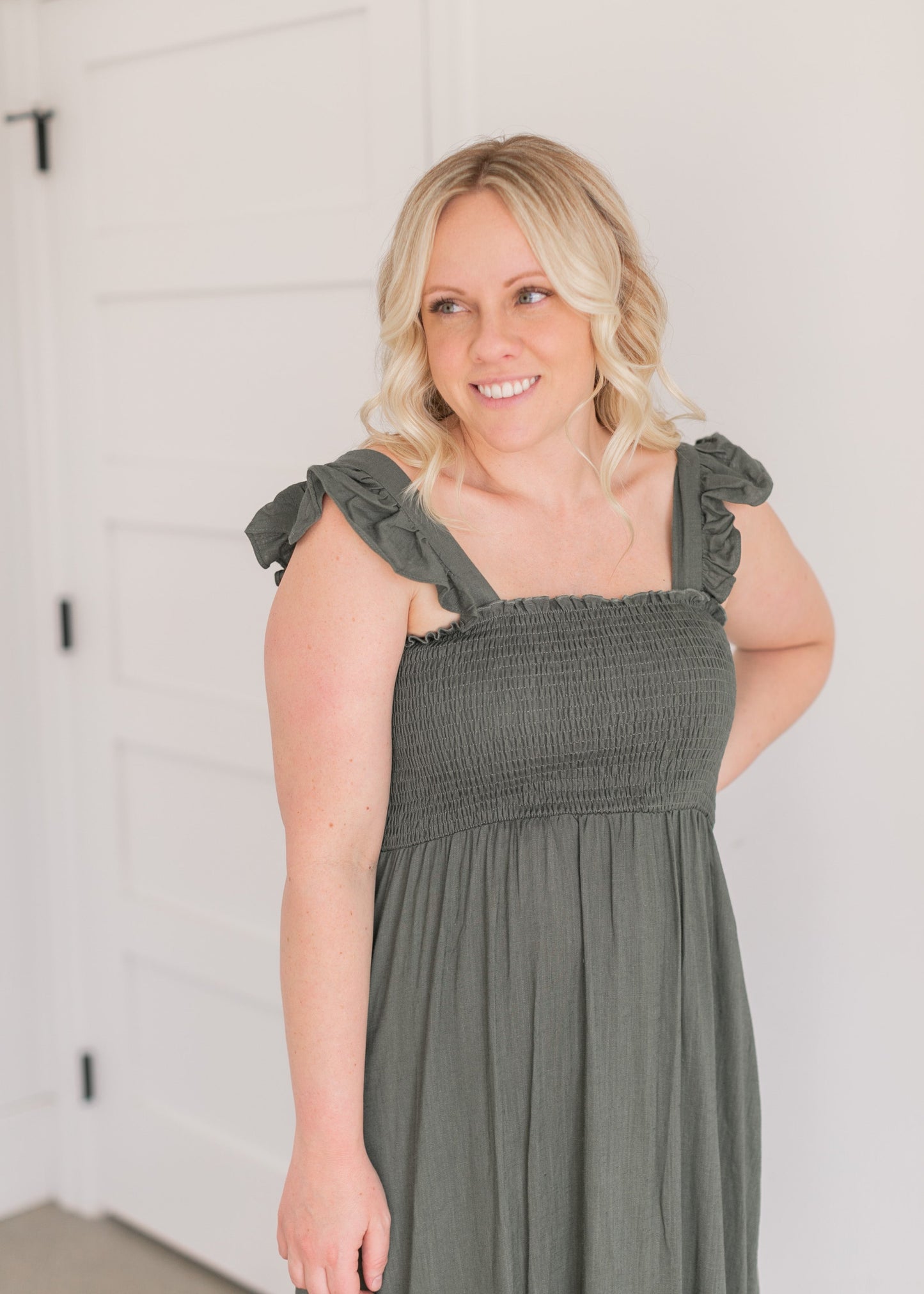 Empire Waist Smocked Olive Midi Dress Dresses