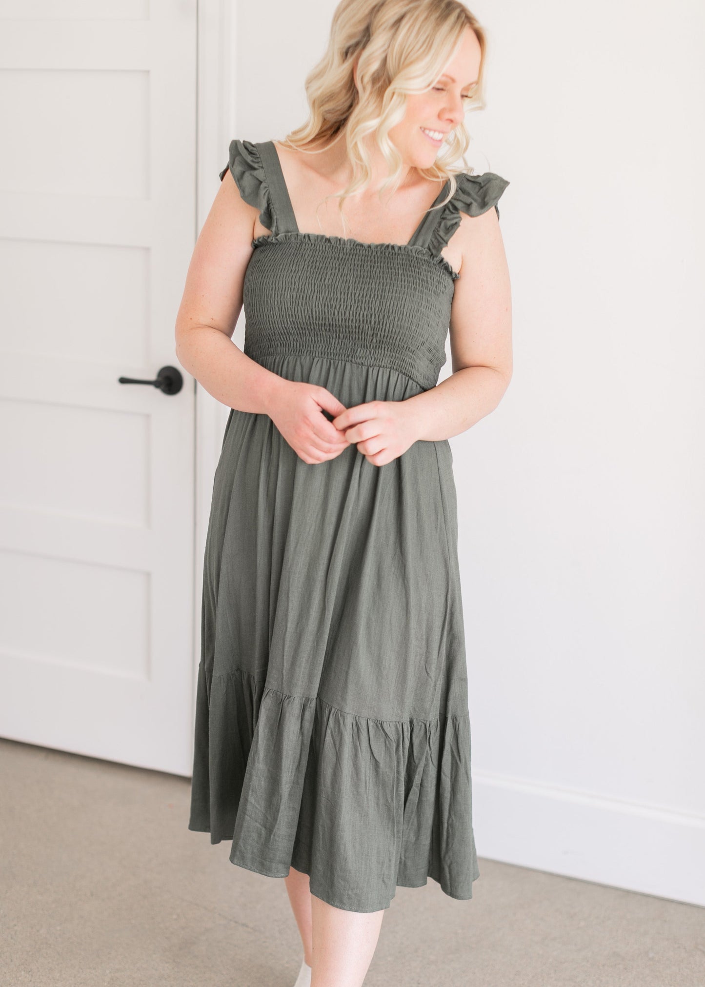 Empire Waist Smocked Olive Midi Dress Dresses