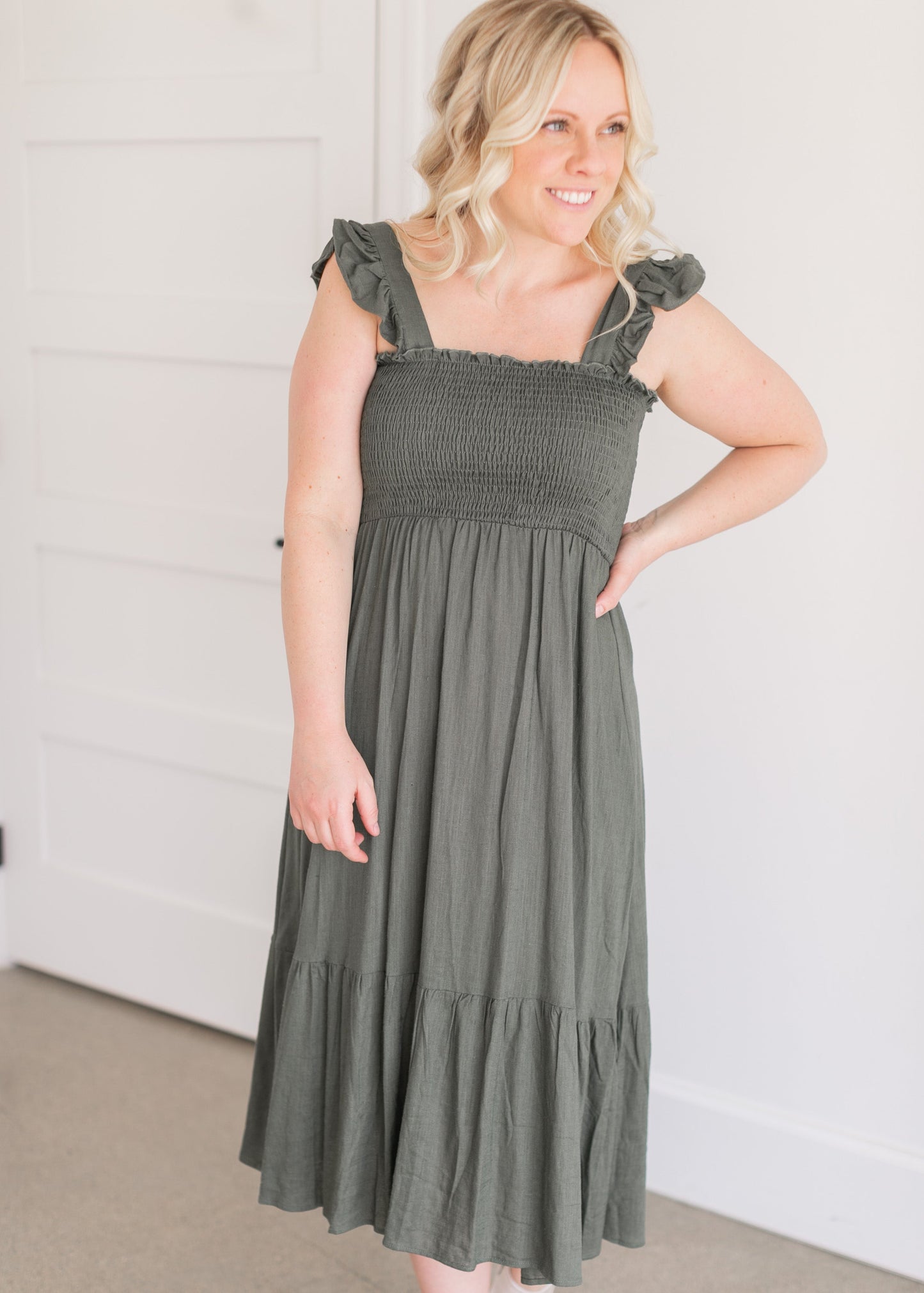 Empire Waist Smocked Olive Midi Dress Dresses