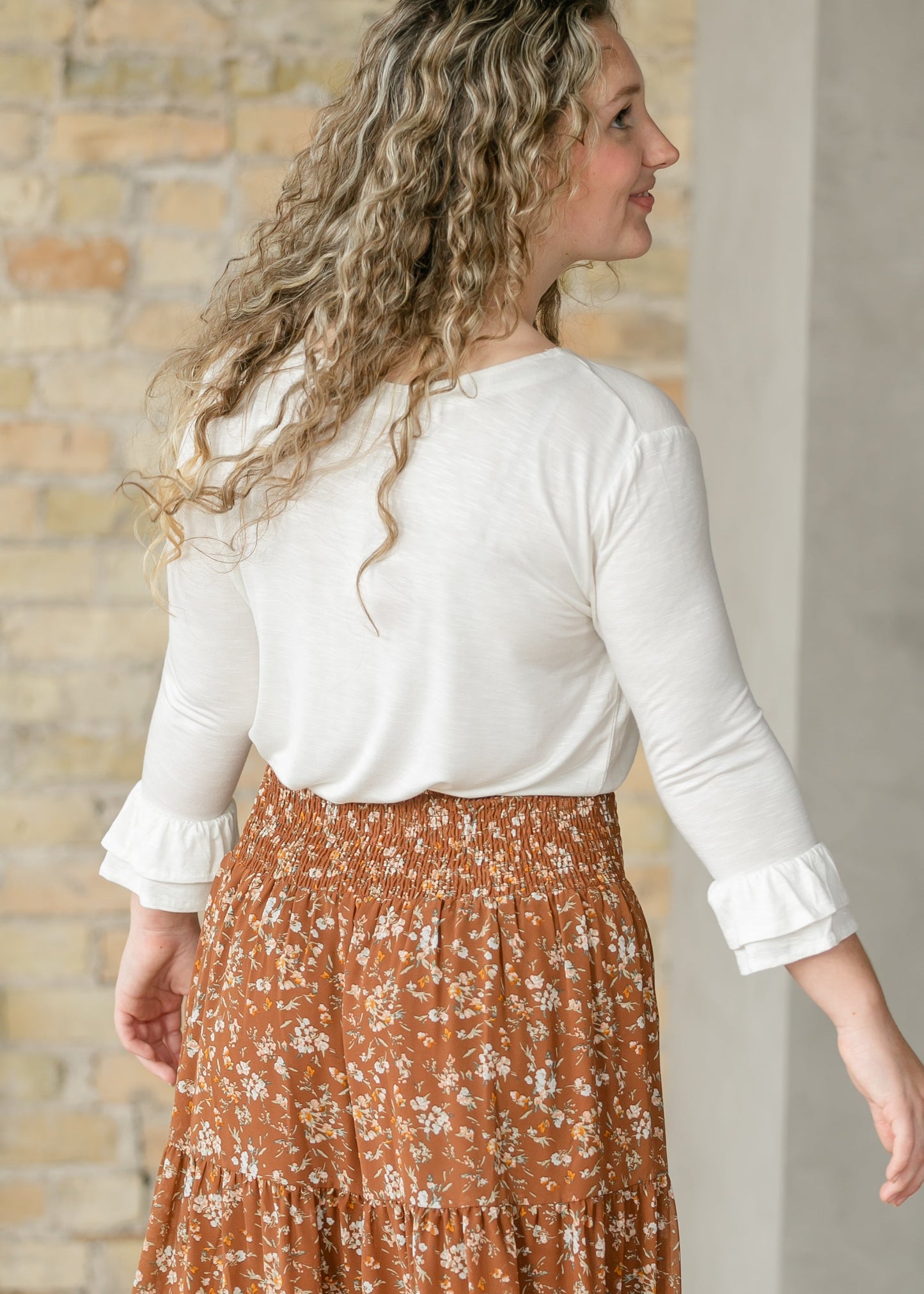 Essential Ivory Ruffled 3/4 Sleeve Top IC Tops