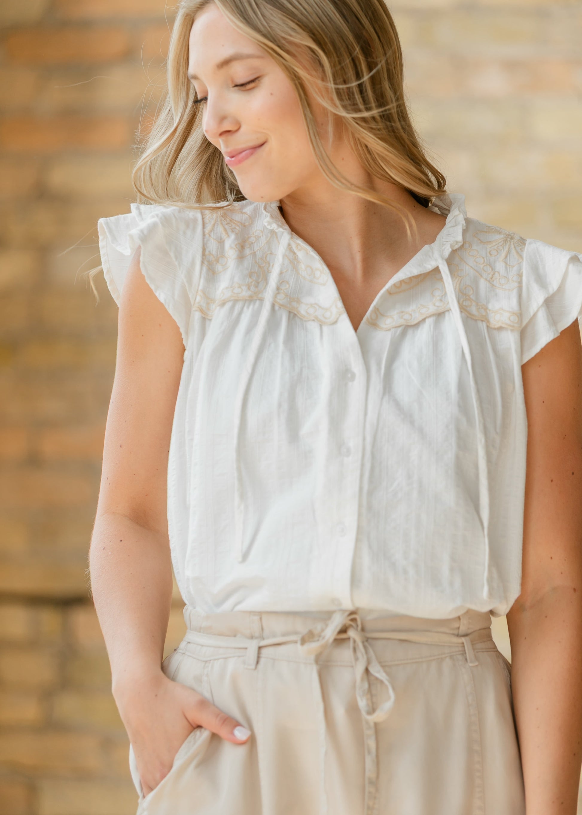 Evie Cap Sleeve Button Up Top FF Tops