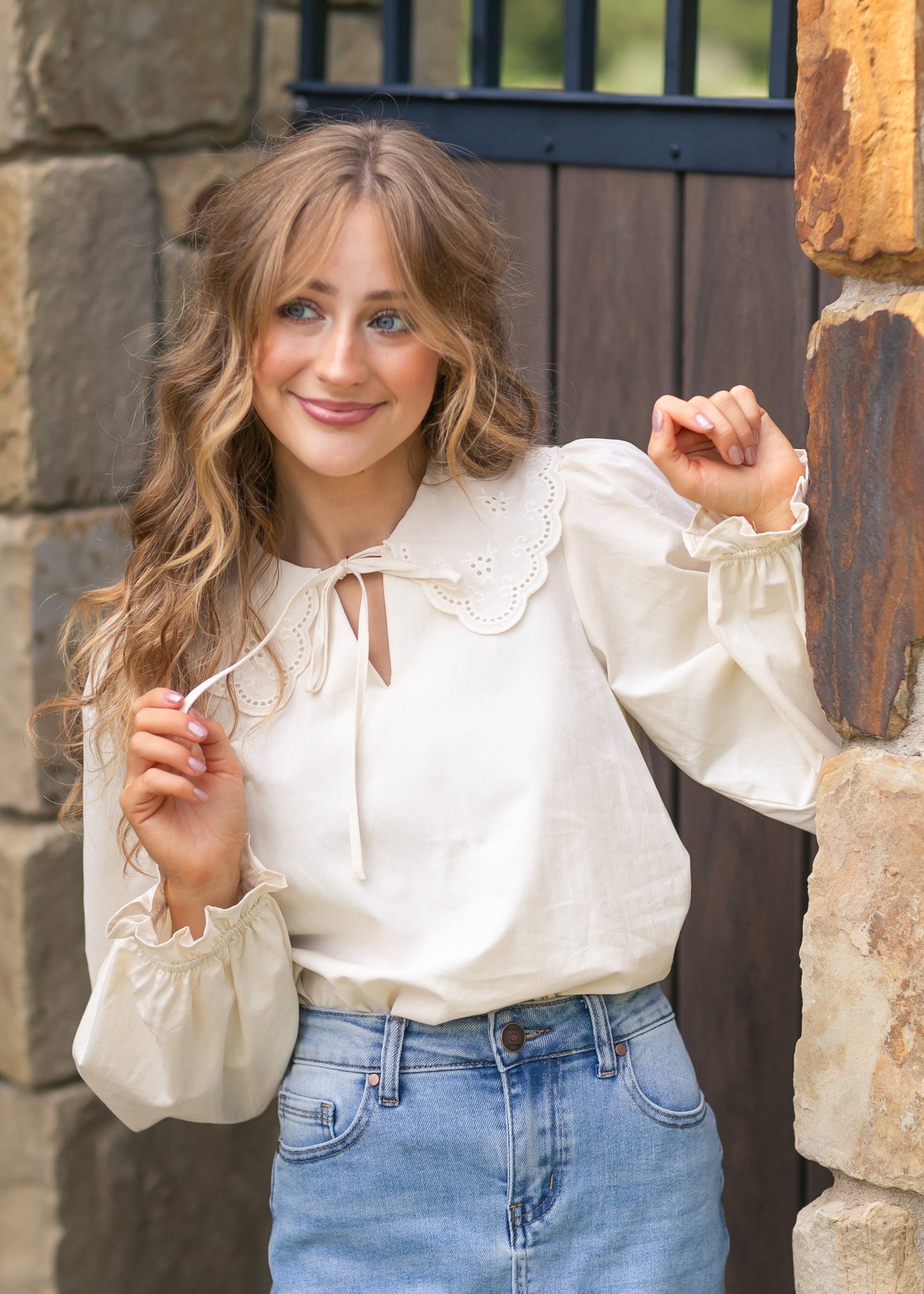 Eyelet Collar Long Sleeve Top FF Tops