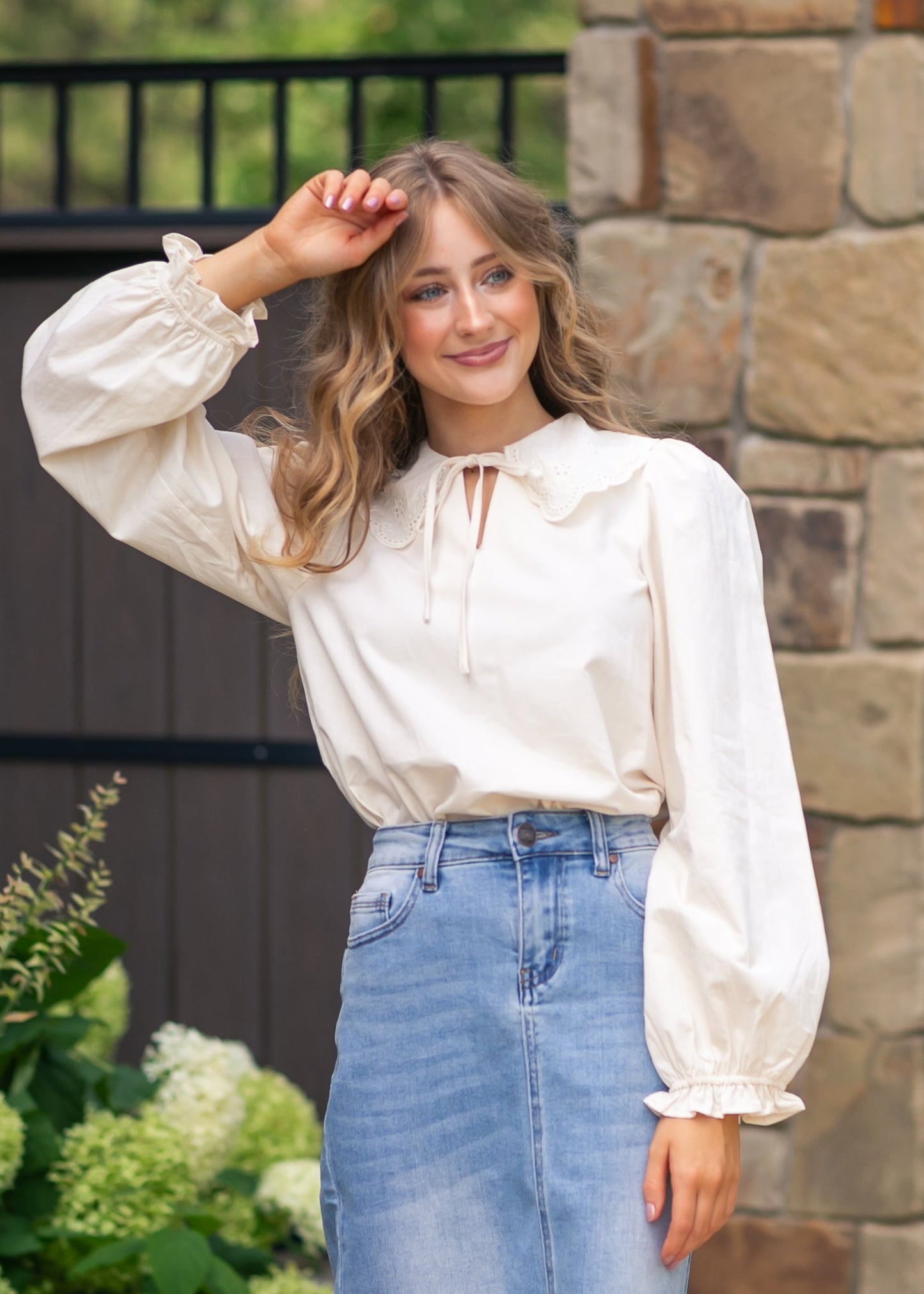Eyelet Collar Long Sleeve Top FF Tops