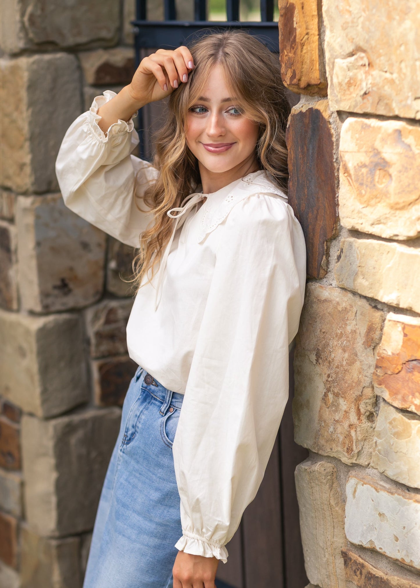 Eyelet Collar Long Sleeve Top FF Tops