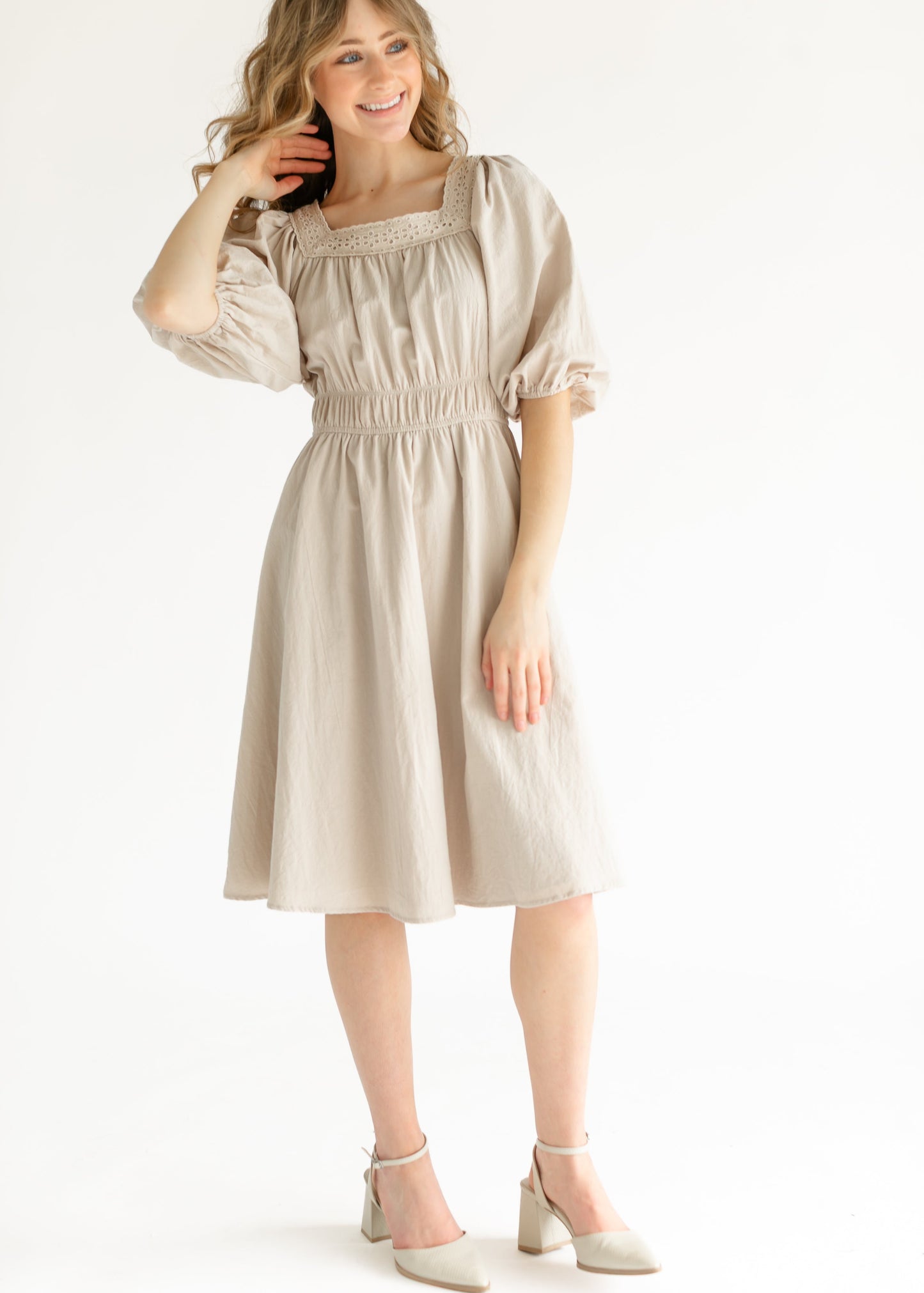 Eyelet Lace Trimmed Square Neck Midi Dress FF Dresses