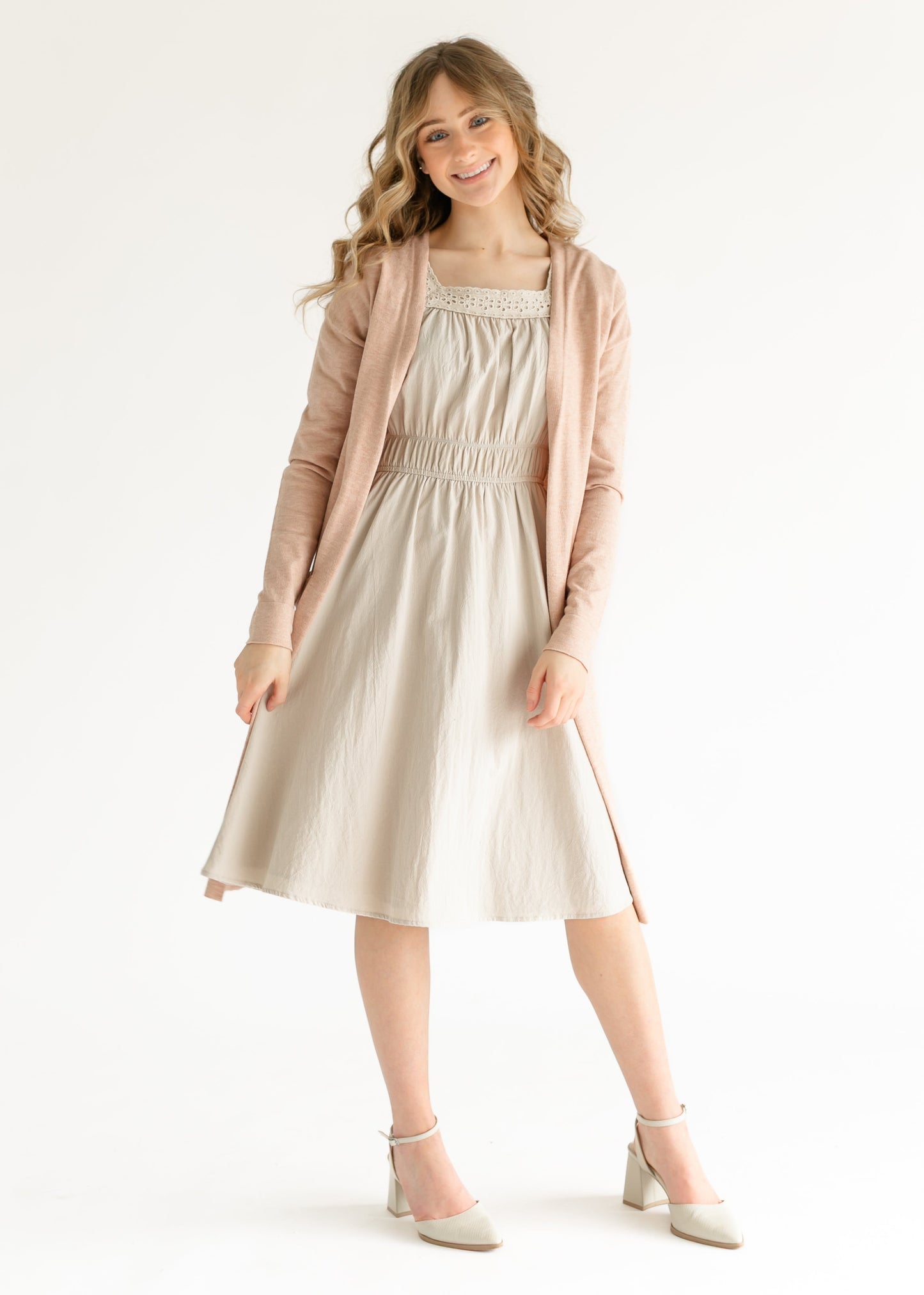 Eyelet Lace Trimmed Square Neck Midi Dress FF Dresses
