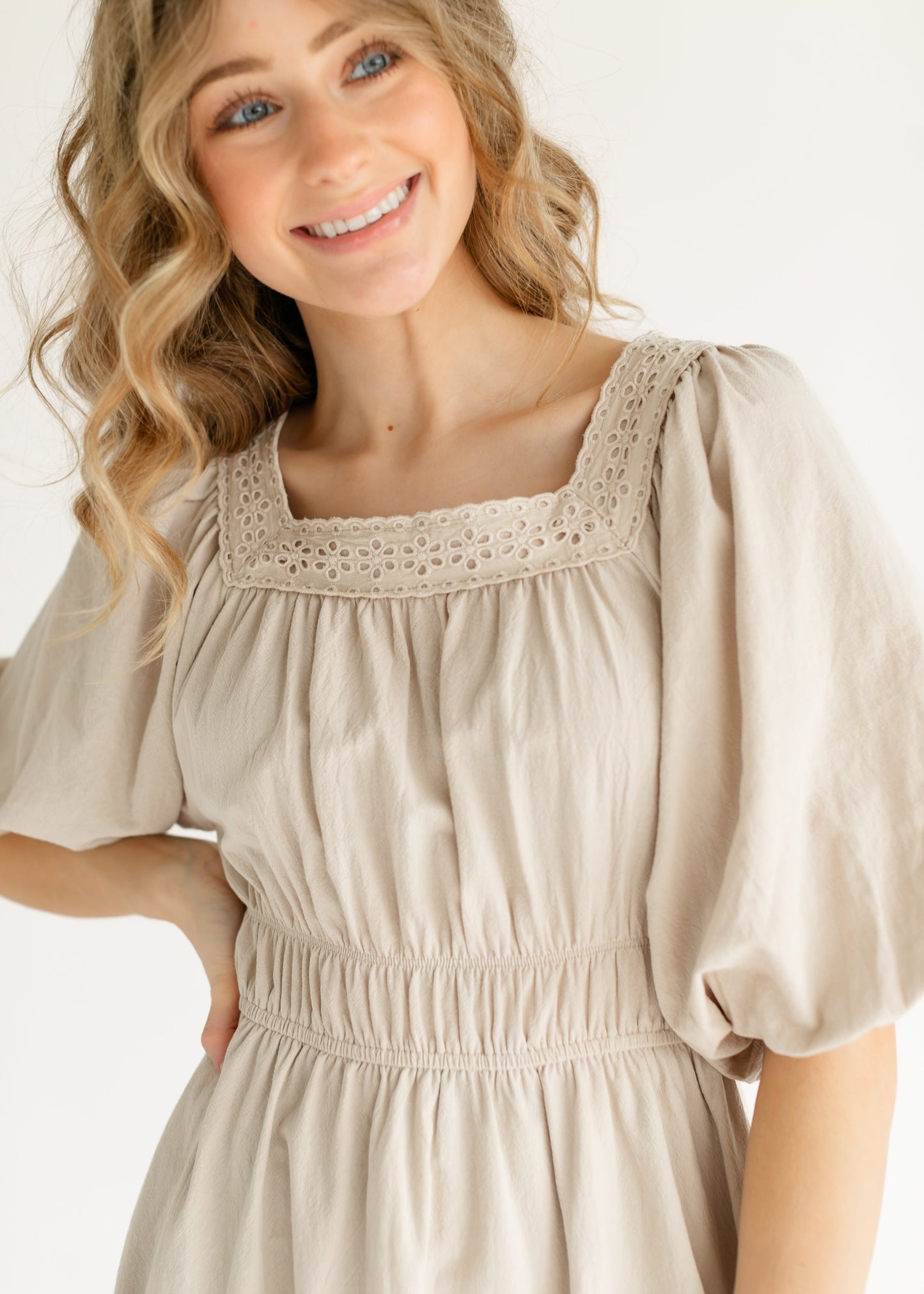 Eyelet Lace Trimmed Square Neck Midi Dress FF Dresses