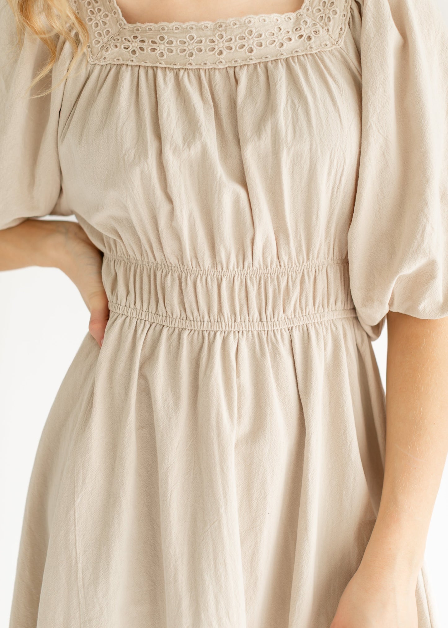 Eyelet Lace Trimmed Square Neck Midi Dress FF Dresses