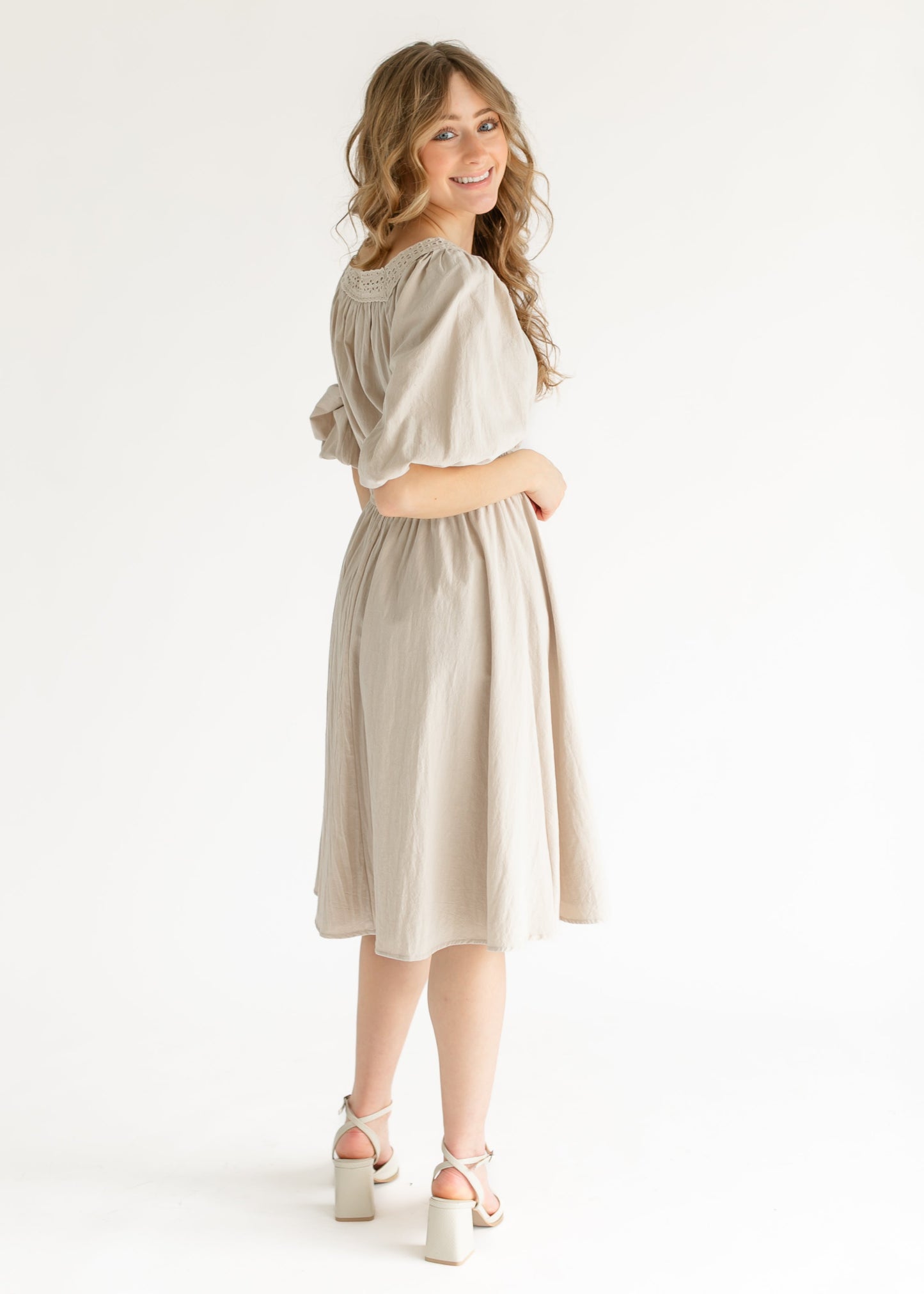 Eyelet Lace Trimmed Square Neck Midi Dress FF Dresses