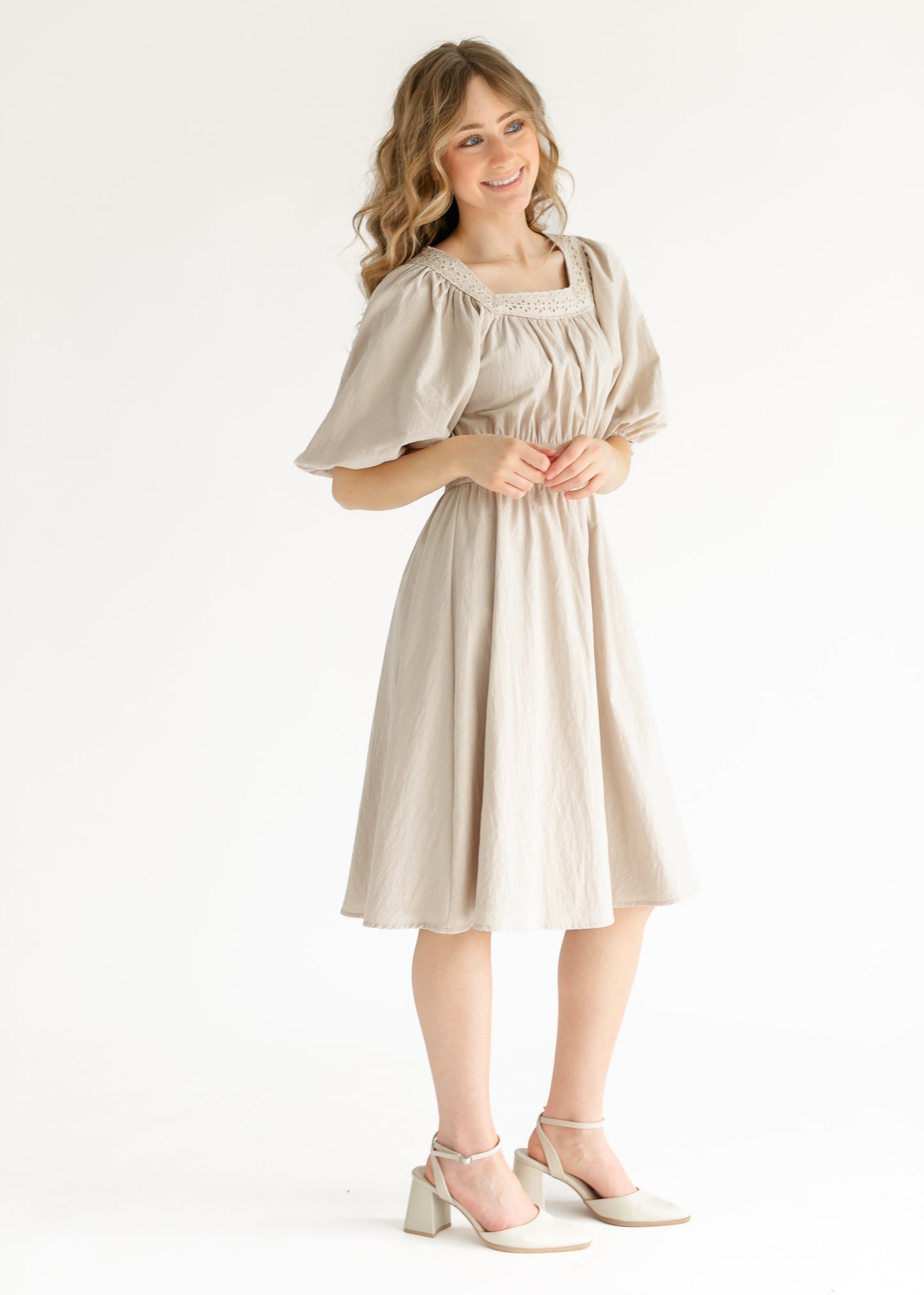 Eyelet Lace Trimmed Square Neck Midi Dress FF Dresses