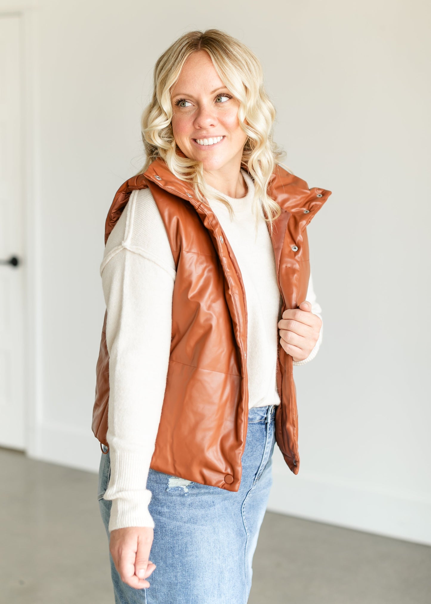Faux Leather Full Snap Puffer Vest FF Tops