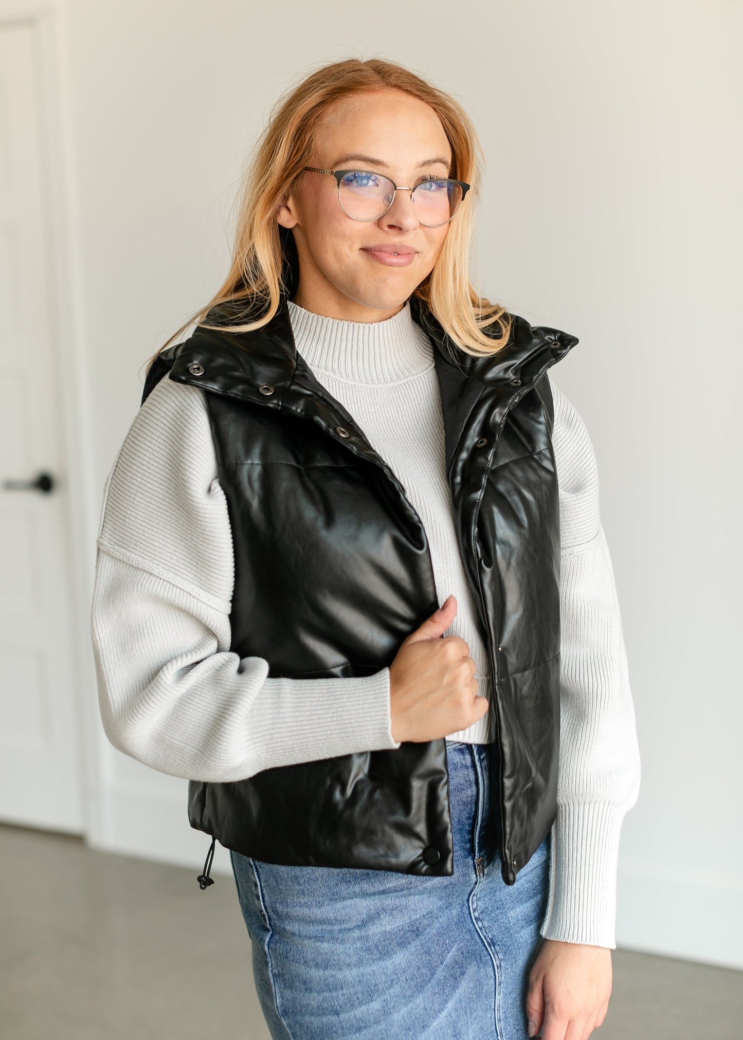 Faux Leather Full Snap Puffer Vest FF Tops Black / S