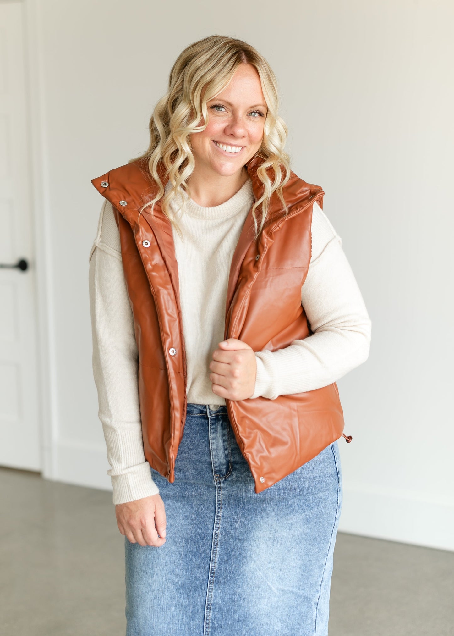 Faux Leather Full Snap Puffer Vest FF Tops Camel / S
