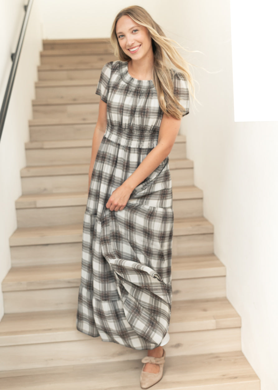 Fiona Brown Plaid Smocked Maxi Dress IC Dresses