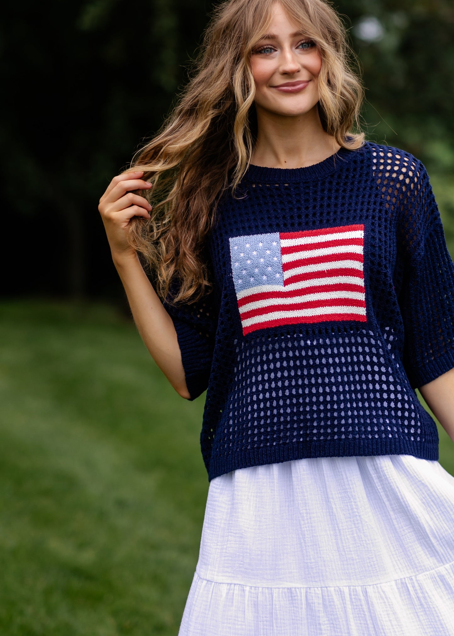 Flag Print Crochet Sweater Top FF Tops