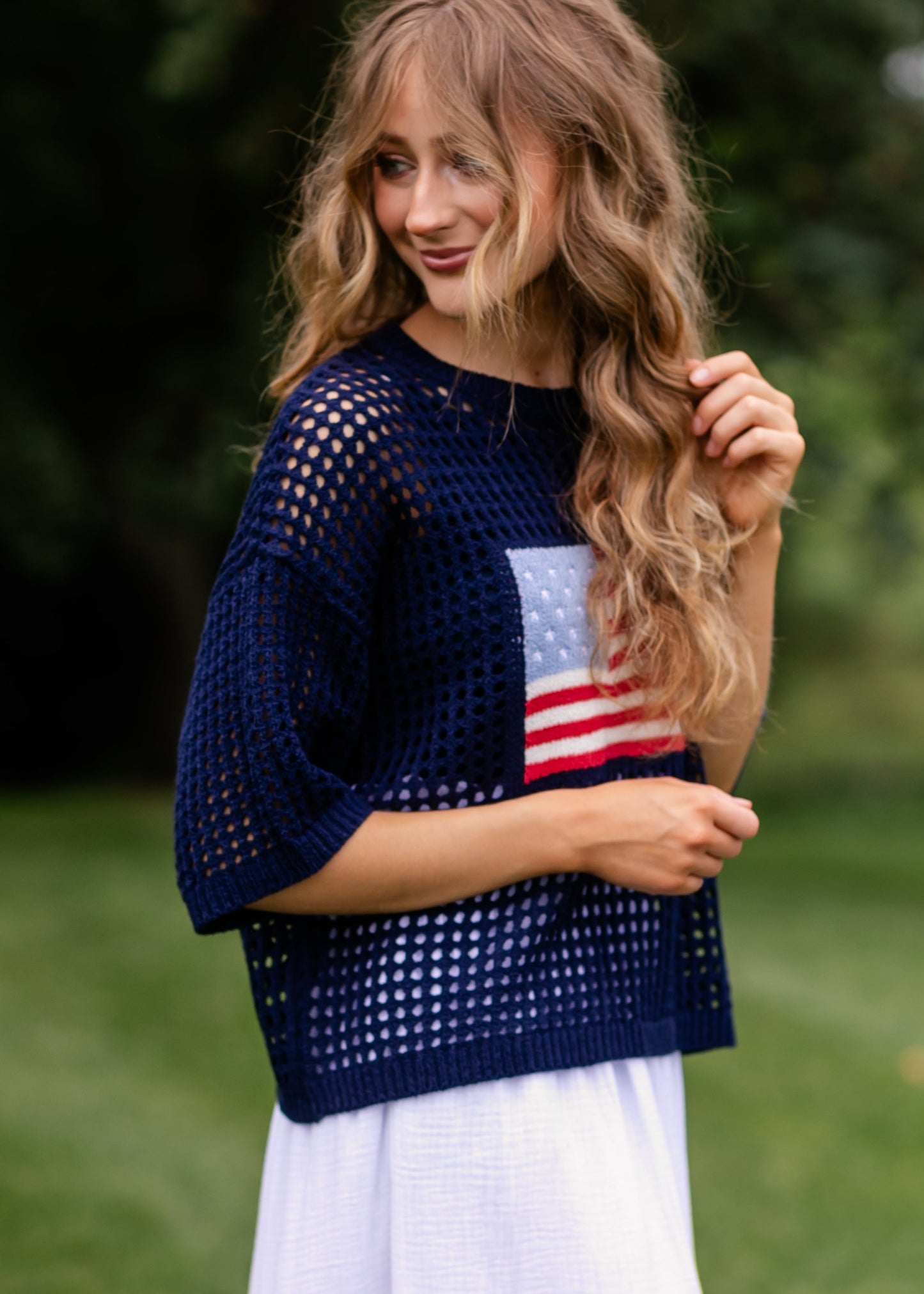 Flag Print Crochet Sweater Top FF Tops